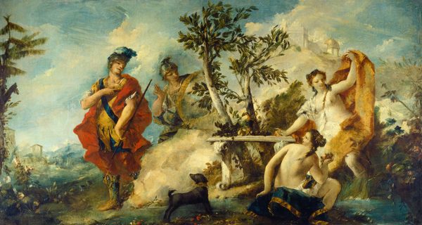 This painting shows four people on a wide landscape. The leftmost person has light skin and wears a vibrant red cloak, a yellow tunic, and a helmet with a blue plume. They hold a long wooden rod and look towards the people on the right. Next to them is a person with light skin wearing a flowing garment of white and blue with gold details and a blue helmet with a gold rim. They hold a large circular silver shield with gold rim. On the other side of a boulder and two small trees are two mostly nude female figures with light skin and long, braided hair. Next to them, below the trees, is a white bench covered with fruit and an ornate pitcher. One of the women stands, partially covered by white fabric, and holds up a flowing golden cloth. The other woman sits by the edge of a blue pool with blue and gold fabric underneath her, holding an apple and looking towards the two people on the left. A small black dog stands between the two groups. In the background, a wide blue sky stretches in the distance, covered with soft clouds. The landscape is mostly a blue-green color, with some small flowers in white, red, and pink. Small white buildings and columns are visible in the distance on the left, and on the right a white castle with a golden dome sits at the top of a while hill.