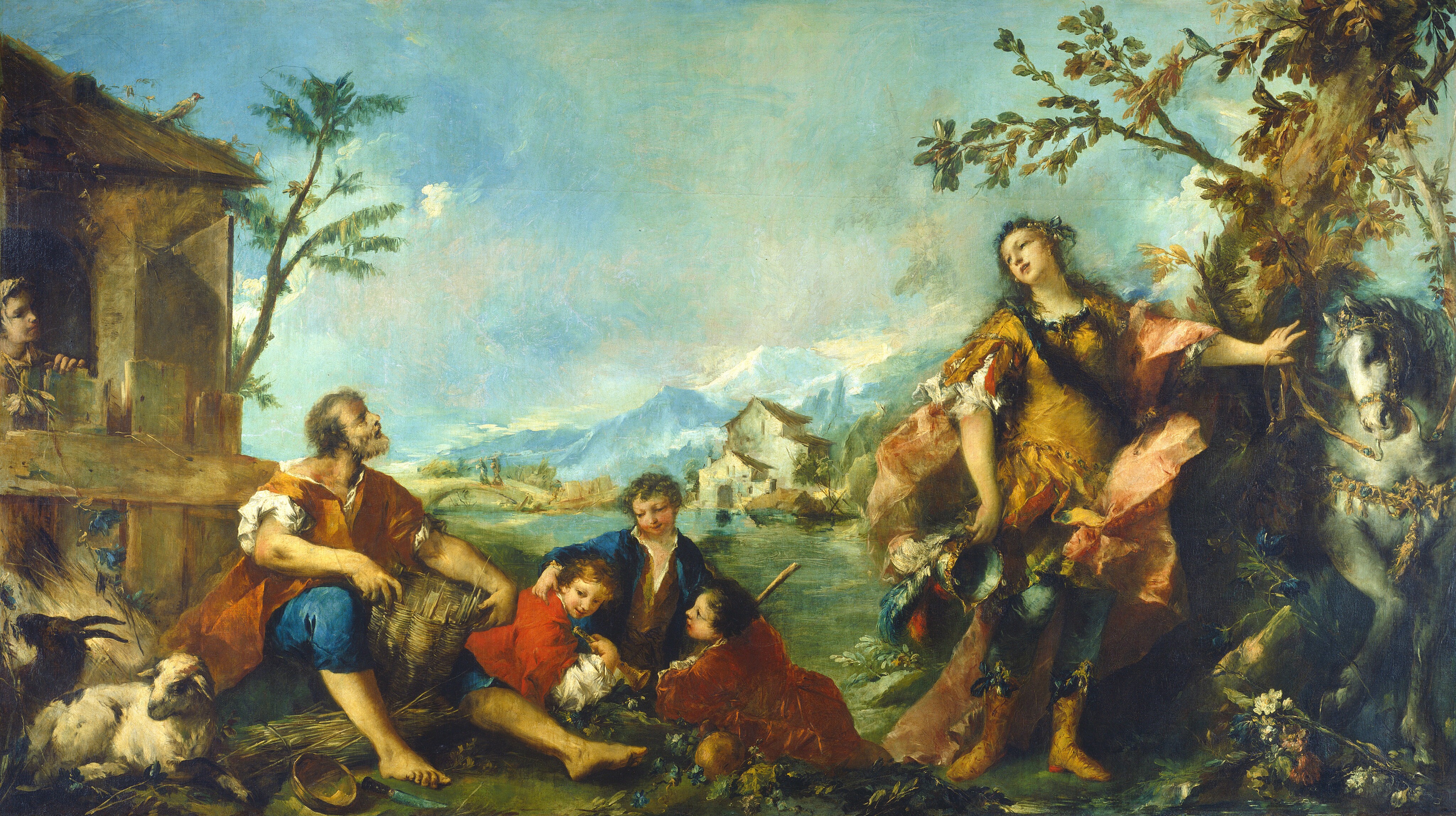 This painting shows a group of people engaged in various activities within a wide green landscape. In the background are distant white-and-blue mountains and a blue sky with soft gray clouds. Near the center is a distant white building with a pointed roof. Closer to us, on the left, a bearded man sits near a wooden structure on the far left. Near the bottom left corner, a black goat and a white sheep sit beside the man. One child stands in the wooden structure, while three other children are in the center of the painting, sitting together on the ground. To the right, a person in flowing attire stands beside a white horse, holding a plumed helmet in one hand and the horse's reins in the other. There is a tall brown tree on the right, behind the person with the horse. The people all have pale skin and wear clothes in shades of yellow, pink, blue, red, brown, and white, contrasting with the blues and greens of the sky and distant landscape.