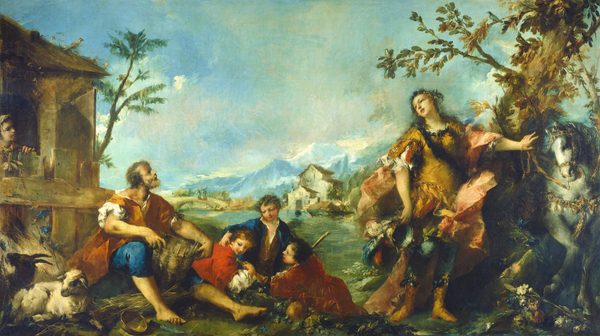 This painting shows a group of people engaged in various activities within a wide green landscape. In the background are distant white-and-blue mountains and a blue sky with soft gray clouds. Near the center is a distant white building with a pointed roof. Closer to us, on the left, a bearded man sits near a wooden structure on the far left. Near the bottom left corner, a black goat and a white sheep sit beside the man. One child stands in the wooden structure, while three other children are in the center of the painting, sitting together on the ground. To the right, a person in flowing attire stands beside a white horse, holding a plumed helmet in one hand and the horse's reins in the other. There is a tall brown tree on the right, behind the person with the horse. The people all have pale skin and wear clothes in shades of yellow, pink, blue, red, brown, and white, contrasting with the blues and greens of the sky and distant landscape.