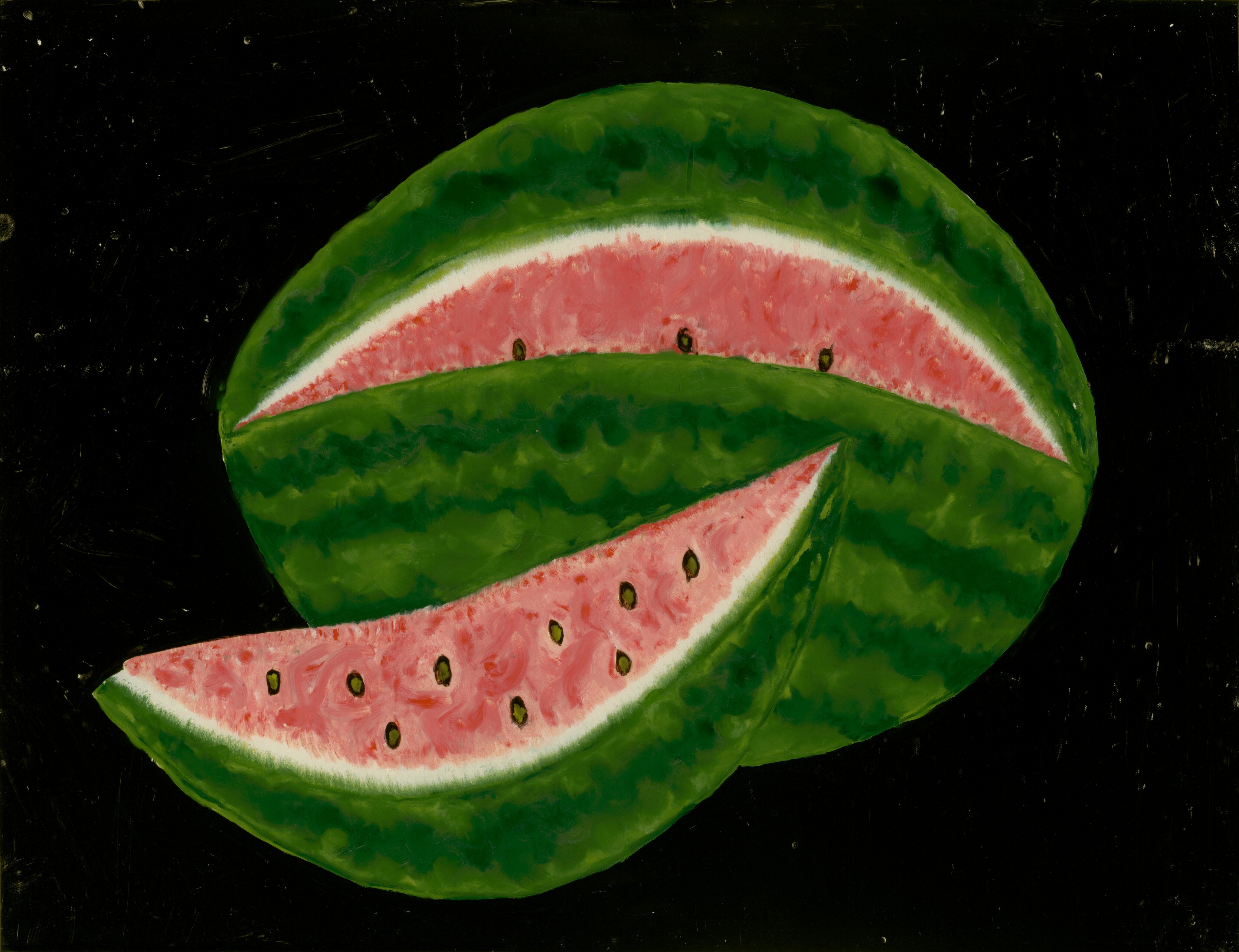 This painting shows a watermelon with a thin slice taken out of it. The fruit is oval-shaped, resting on one side, and the thin slice is in front of the almost-whole watermelon, positioned slightly to the left. Its rind is in shades of dark and light green, with a thick white line separating the rind from the flesh. The inner flesh is pink, dotted with small black seeds. The background is solid black.