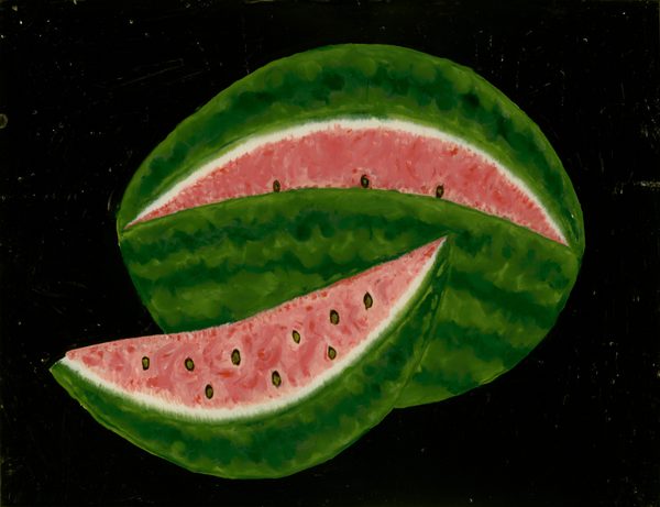 This painting shows a watermelon with a thin slice taken out of it. The fruit is oval-shaped, resting on one side, and the thin slice is in front of the almost-whole watermelon, positioned slightly to the left. Its rind is in shades of dark and light green, with a thick white line separating the rind from the flesh. The inner flesh is pink, dotted with small black seeds. The background is solid black.