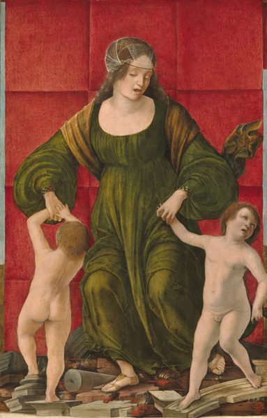 A woman holds the hands of two nude children in front of a crimson-red cloth in this vertical painting. All three have pale skin and brown hair. The woman wears a forest-green dress with voluminous sleeves and a gauzy white headdress that wraps around her hair and is fastened with a band across her forehead. She stands crouching with one foot extended slightly forward in a sandal, surrounded by broken chunks of masonry and bits of burning logs. Her body faces us but she turns her head to the right. Her mouth is wide open, and her eyes cut back to our left. The woman clutches the children’s hands in both of her own. The child to our left turns away from us and reaches one hand up to touch the back of the woman’s hand. The child on the right twists away from the woman, eyes squinted up and to the right and mouth open. Behind them, fold lines create a grid across the red cloth. Slivers of grass and blue sky line each side of the composition.