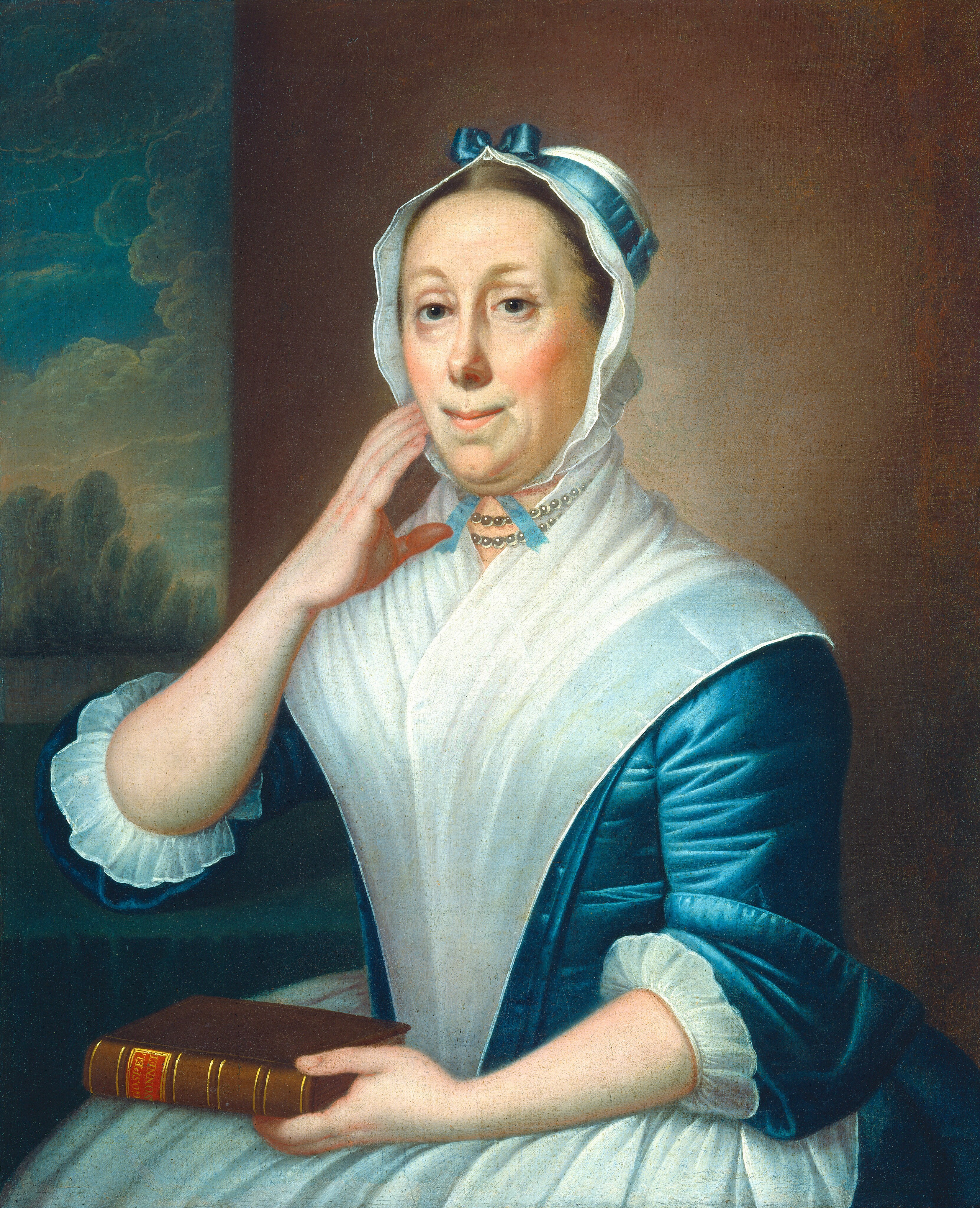 The image shows a woman seated from the waist up. She has her left hand raised to touch her face gently, while her right hand rests on a book in her lap. Her facial features are carefully painted with a fair complexion, rosy cheeks, and a thoughtful expression. She has light-colored eyes and hair, mostly covered by a white cap tied with a light blue ribbon under her chin. She wears a dress with a white collar and blue fabric, detailed with pleats and folds. A pearl necklace is around her neck. The background transitions from warm brown tones to an outdoor view with clouds and foliage.