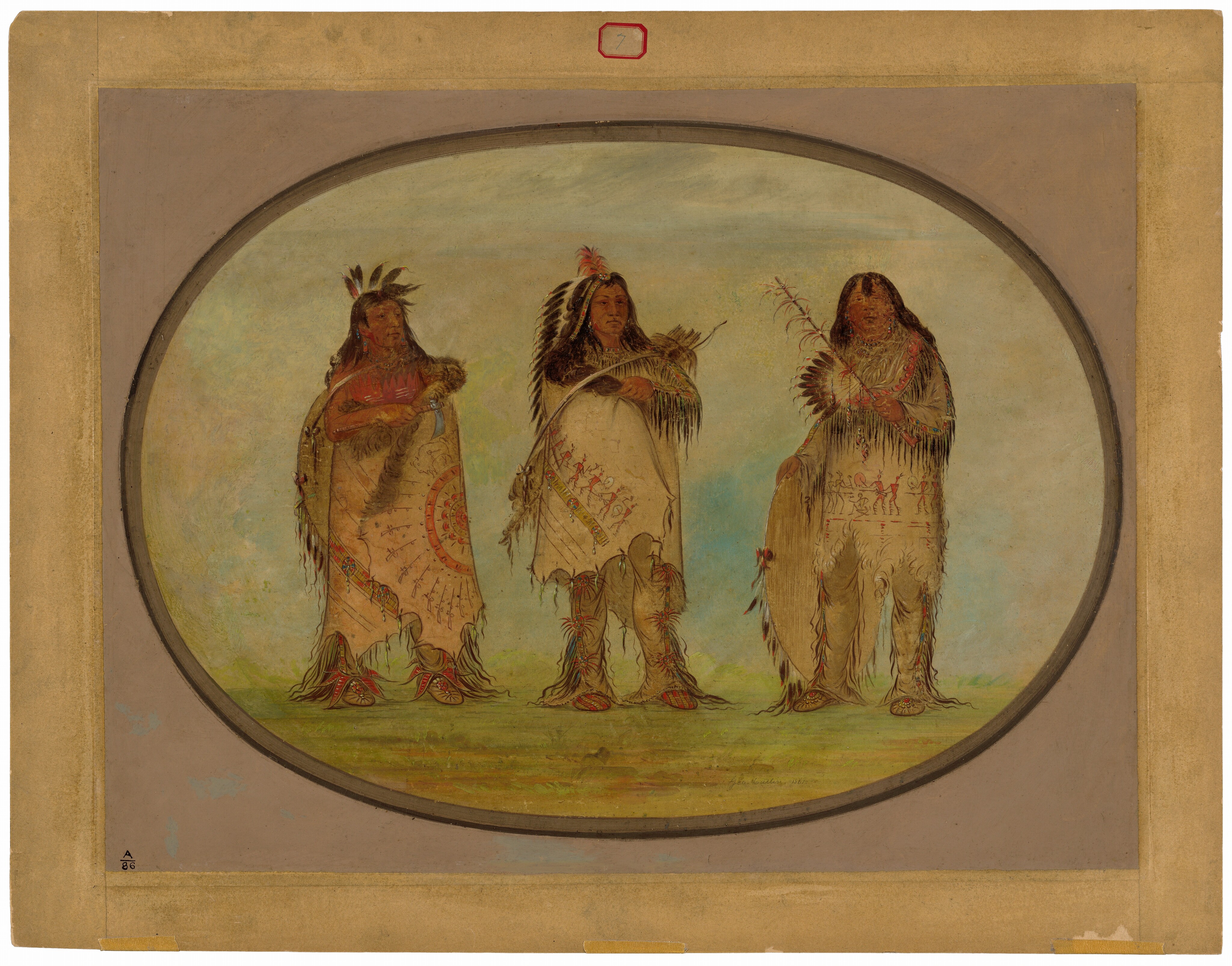 The image shows three individuals standing side by side in full body view. They have long dark hair with feather decorations. They are dressed in traditional robes with fringes and patterns. Each holds specific objects: fur, quiver with arrows, and a feather fan. The background is plain with earth tones, emphasizing the individuals and their attire.