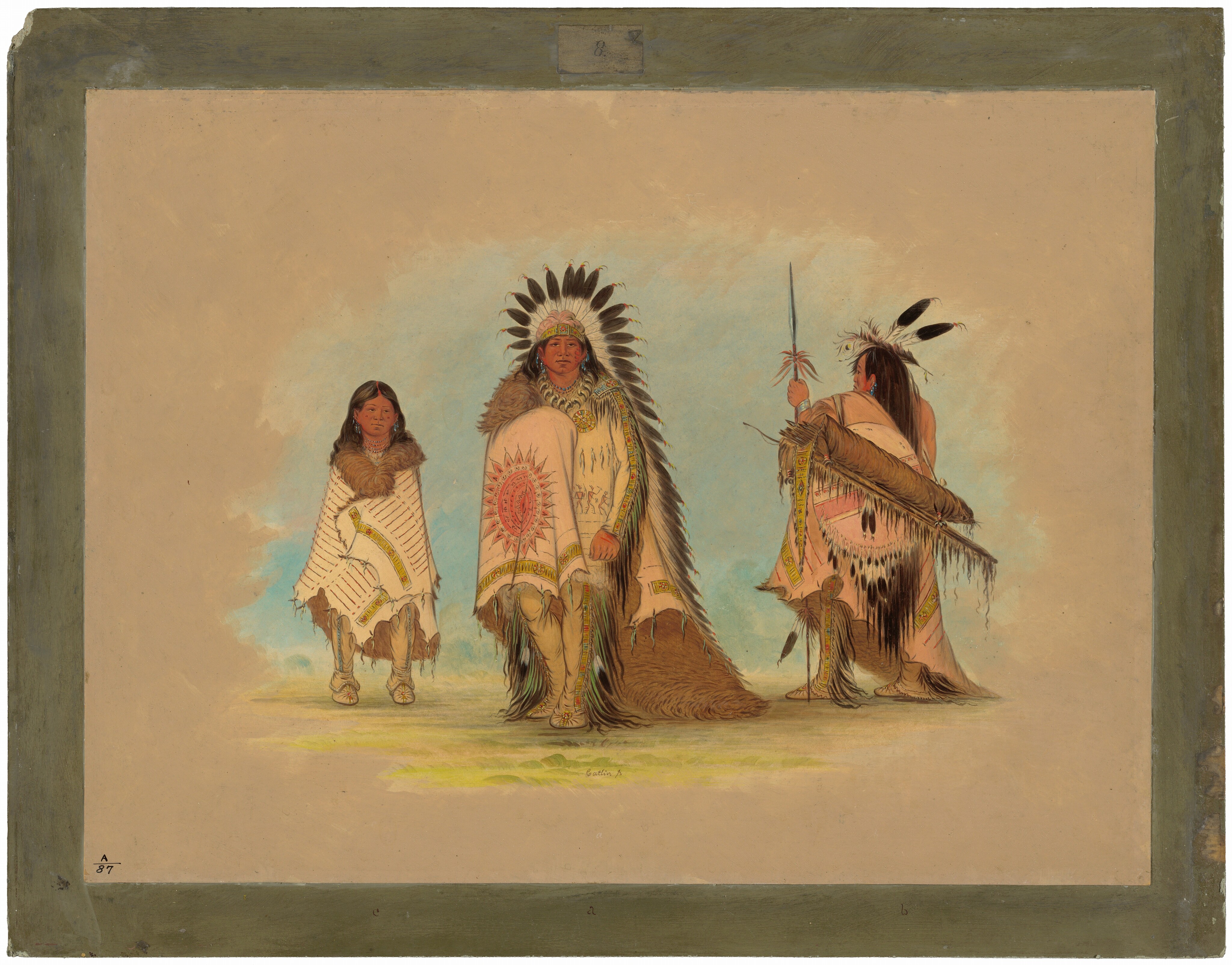The image shows three full-body figures standing in a row. The figure on the left has arms close to the body, wrapped in a garment with a bird and a fur collar. They have straight hair past their shoulders. The center figure wears a large feather headdress, a detailed cape with a sun-like emblem, and leggings matching the cape design. Their facial features are visible under the headdress. The figure on the right stands in profile, holding a spear and shield, wearing a garment with fringes, a headband with feathers, and a neutral background.