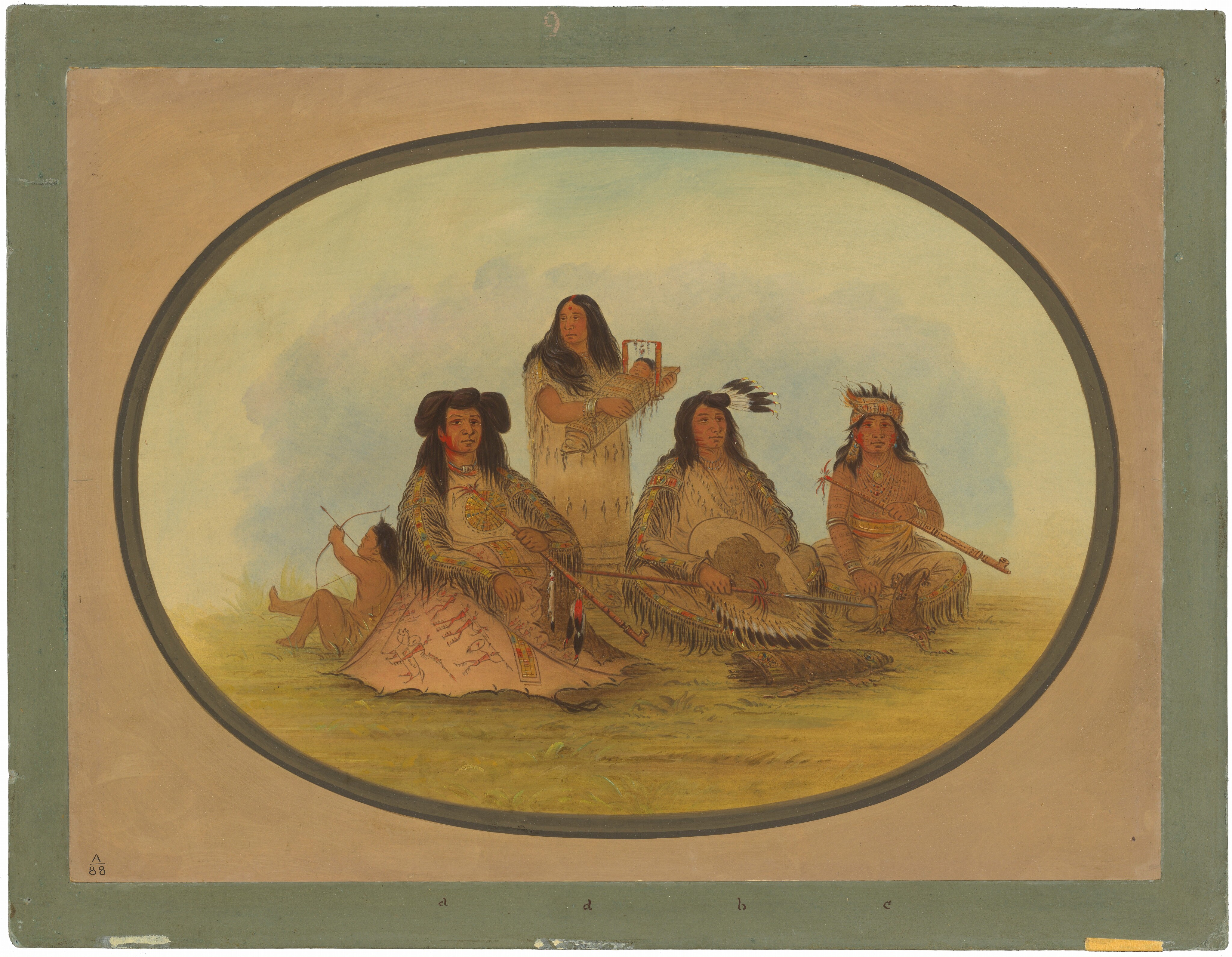 The image shows four adults and one child seated on the ground within an oval frame. The child is on the far left, lying down with a bow and arrow. Next to the child is a woman in a fringed garment with intricate designs, sitting cross-legged. To her right is a man with long hair, feathers, and facial markings, holding a pipe. Beside him is another woman in a similar garment. Seated on the far right is a fourth adult with long hair, feathers, and a beaded necklace, also holding a pipe. The background shows a soft, nondescript landscape in shades of blue and green.