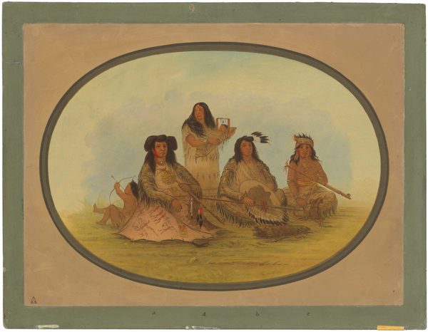 The image shows four adults and one child seated on the ground within an oval frame. The child is on the far left, lying down with a bow and arrow. Next to the child is a woman in a fringed garment with intricate designs, sitting cross-legged. To her right is a man with long hair, feathers, and facial markings, holding a pipe. Beside him is another woman in a similar garment. Seated on the far right is a fourth adult with long hair, feathers, and a beaded necklace, also holding a pipe. The background shows a soft, nondescript landscape in shades of blue and green.