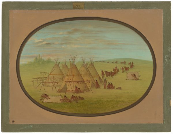 The painting shows a Plains encampment from a slightly elevated point of view. The horizon line is high in the image, with a sky featuring soft clouds in light blue, pink, and white. In the center are teepees decorated with geometric patterns in beige, brown, and red. Figures, mostly indigenous people, are depicted around the camp. In the distance, a line of figures on horses moves diagonally to the right. The brushstrokes are detailed, emphasizing the teepees' patterns and the landscape's texture. The color palette is soft, with greens and light browns dominating.