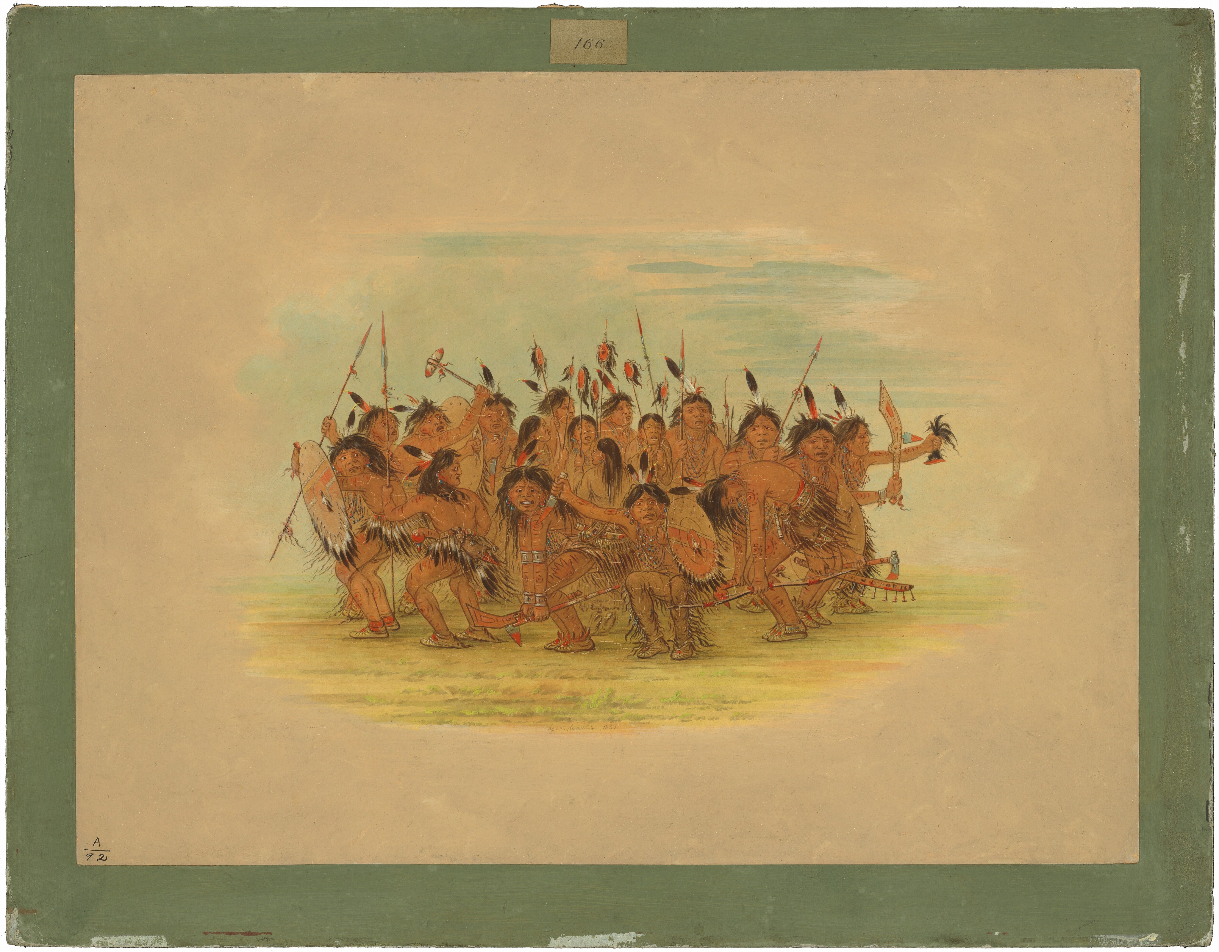 This painting shows a group of people standing outside in a circle. They all have reddish-brown skin and long, dark hair decorated with red, white, and black feathers, and they wear a variety of garments. Some have tan pants with long fringe running down the sides, while others wear black and white feathers around their waists, hanging from colorful belts. Many of them have arms, legs, and chests decorated with red patterns like lines, swirls, dots, or handprints. They also wear lots of jewelry, including silvery bands on their arms and wrists, earrings in red and teal, and long strands of necklaces in similar colors. The people hold weapons including long bows, round shields, tall spears, and boomerang-shaped swords. Those around the edge of the circle appear to be dancing, their bodies bent over, knees bent, or arms outstretched. A group of people in the center of the circle hold up tall sticks with red ovals hanging from the top, black strands hanging from the ovals. The ground is light green, and the sky is light blue. The edges of the painting are plain, beige paper, within a green border.
