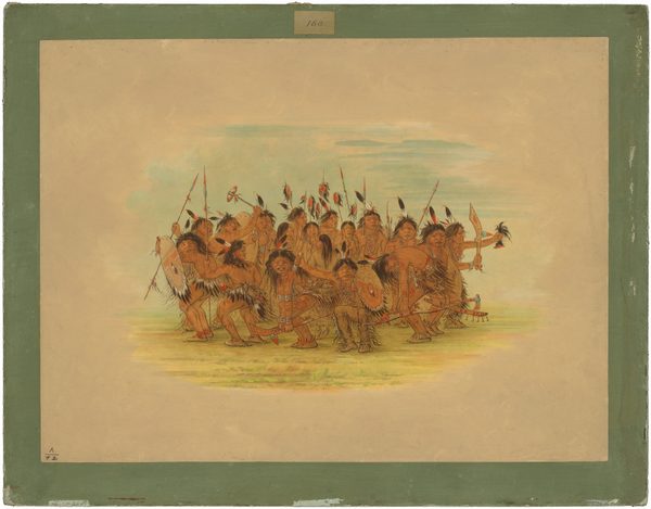 This painting shows a group of people standing outside in a circle. They all have reddish-brown skin and long, dark hair decorated with red, white, and black feathers, and they wear a variety of garments. Some have tan pants with long fringe running down the sides, while others wear black and white feathers around their waists, hanging from colorful belts. Many of them have arms, legs, and chests decorated with red patterns like lines, swirls, dots, or handprints. They also wear lots of jewelry, including silvery bands on their arms and wrists, earrings in red and teal, and long strands of necklaces in similar colors. The people hold weapons including long bows, round shields, tall spears, and boomerang-shaped swords. Those around the edge of the circle appear to be dancing, their bodies bent over, knees bent, or arms outstretched. A group of people in the center of the circle hold up tall sticks with red ovals hanging from the top, black strands hanging from the ovals. The ground is light green, and the sky is light blue. The edges of the painting are plain, beige paper, within a green border.