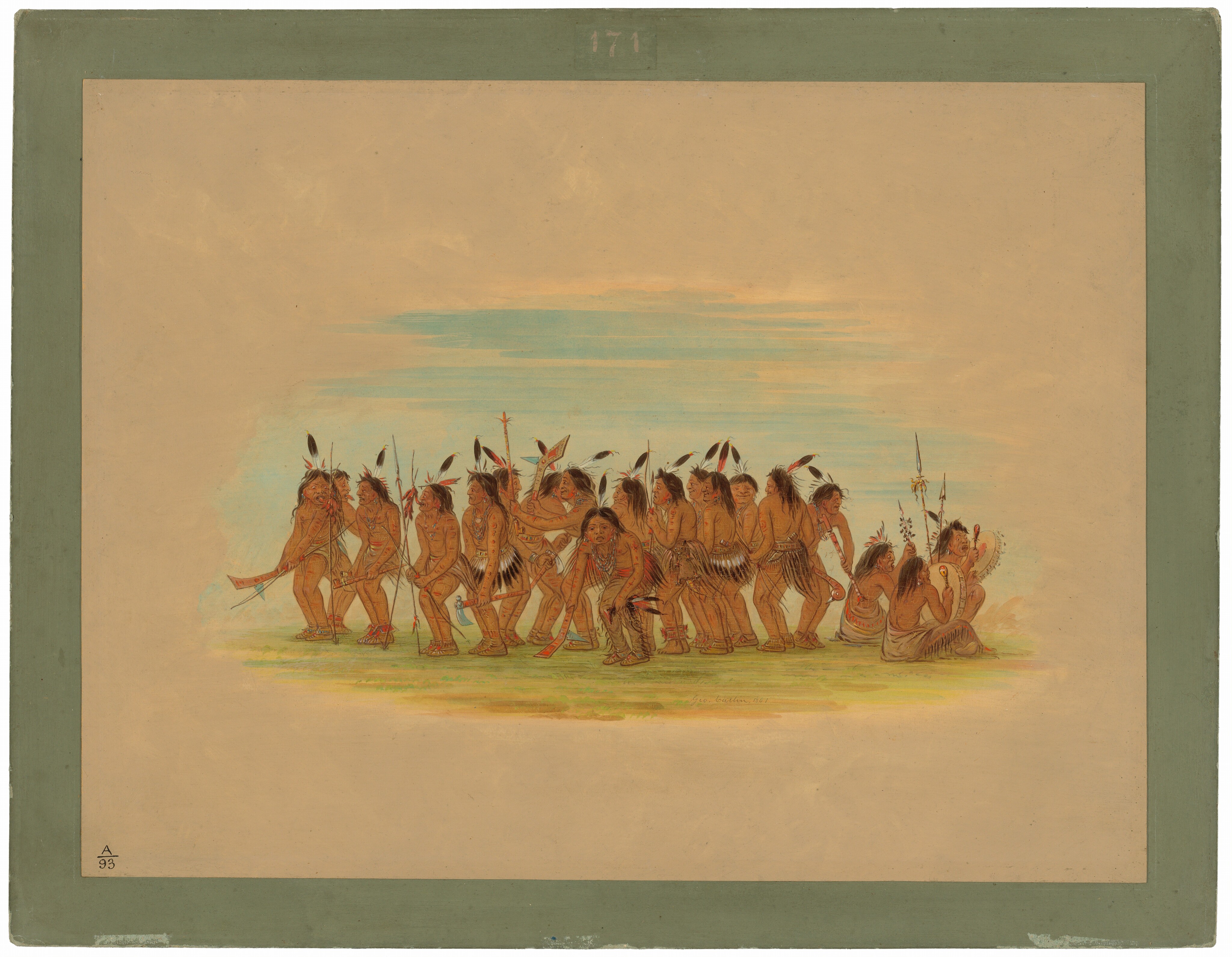 The image depicts a group of individuals engaged in a dance. They are in a tightly-knit, curved line, with dynamic poses suggestive of movement and rhythm. The individuals have dark hair styled with feathers, and facial features include high cheekbones and strong profiles. They wear traditional attire, including skirts made from natural materials, and carry items like bows, arrows, and sticks. Some are seated on the ground, playing instruments like drums and rattles. The background is a gradient of sky-blue and sandy brown.