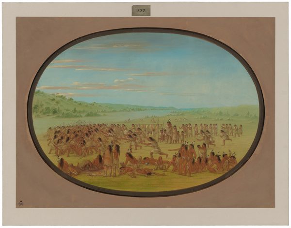 This is a painting of a large gathering of individuals in an open landscape. The scene is set in an expansive grassy area bordered by hills under a blue sky with scattered clouds. The painting features numerous figures engaged in various activities. Some are seated, others are standing or involved in a dynamic assembly. The composition suggests motion and engagement, focusing on a central activity. This is in the style of George Catlin, known for his depictions of Native American life. The overall color palette is warm, with earthy tones dominating the foreground and cooler greens and blues framing the background.