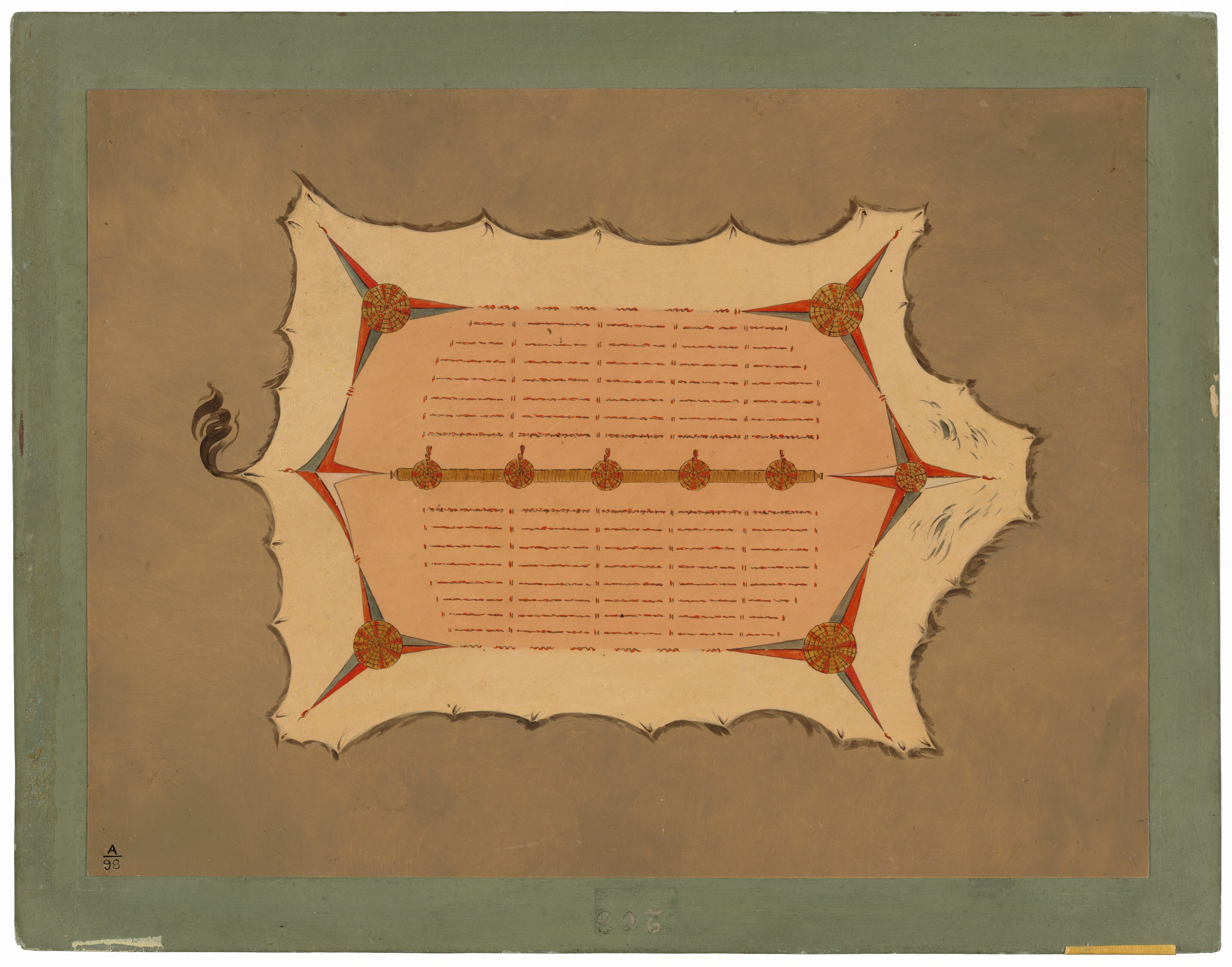 The image has a symmetrical composition with a central rectangle surrounded by an irregularly shaped border. The artwork is abstract, using bold lines and geometric patterns resembling compass points, possibly depicting an ornate rug or ancient manuscript. The central area contains rows of red and tan lines, resembling text or scripts from a distant past. The colors are earthy tones and muted greens, enhancing the historical feel. A swirling design on the left side suggests motion or an abstract representation.
