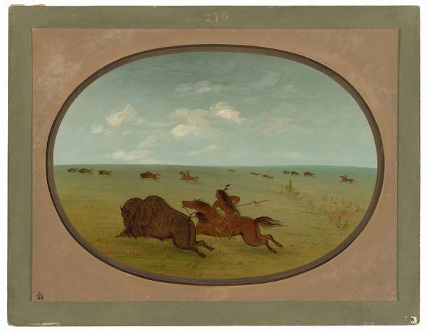 The image shows an elevated viewpoint of a scene with a Native American rider on horseback chasing a buffalo. The background features more buffalo and riders across grasslands under a blue sky with white clouds. The color palette is dominated by earthy tones.