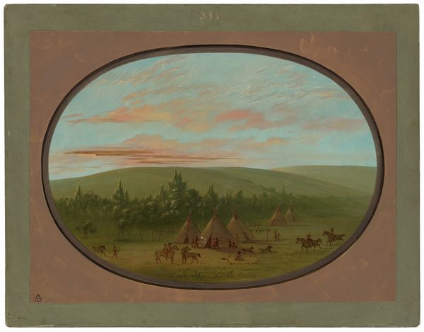 The painting depicts a wide view from a slightly elevated perspective, showing a scene of daily life. The horizon is high in the image, where green hills meet the sky. The sky is painted with soft brushstrokes in blue, pink, and orange hues. The grassy plains in the forefront and background have figures, tepees, people, and horses engaged in various activities. The oval frame contains the composition. The color palette is natural and earthy, dominated by greens and browns, with pastel hues in the sky.