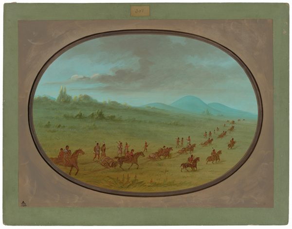 The artwork depicts a peaceful landscape viewed from an elevated perspective. The horizon divides the sky from the land below, with distant blue hills visible. The sky shows soft blues and gray clouds. The brushwork is smooth and creates a serene atmosphere. The color palette includes earthy greens, browns, and distant cooler tones. A group of people on horseback carrying goods moves along a path. The scene suggests movement and continuity towards the rolling hills in the distance.