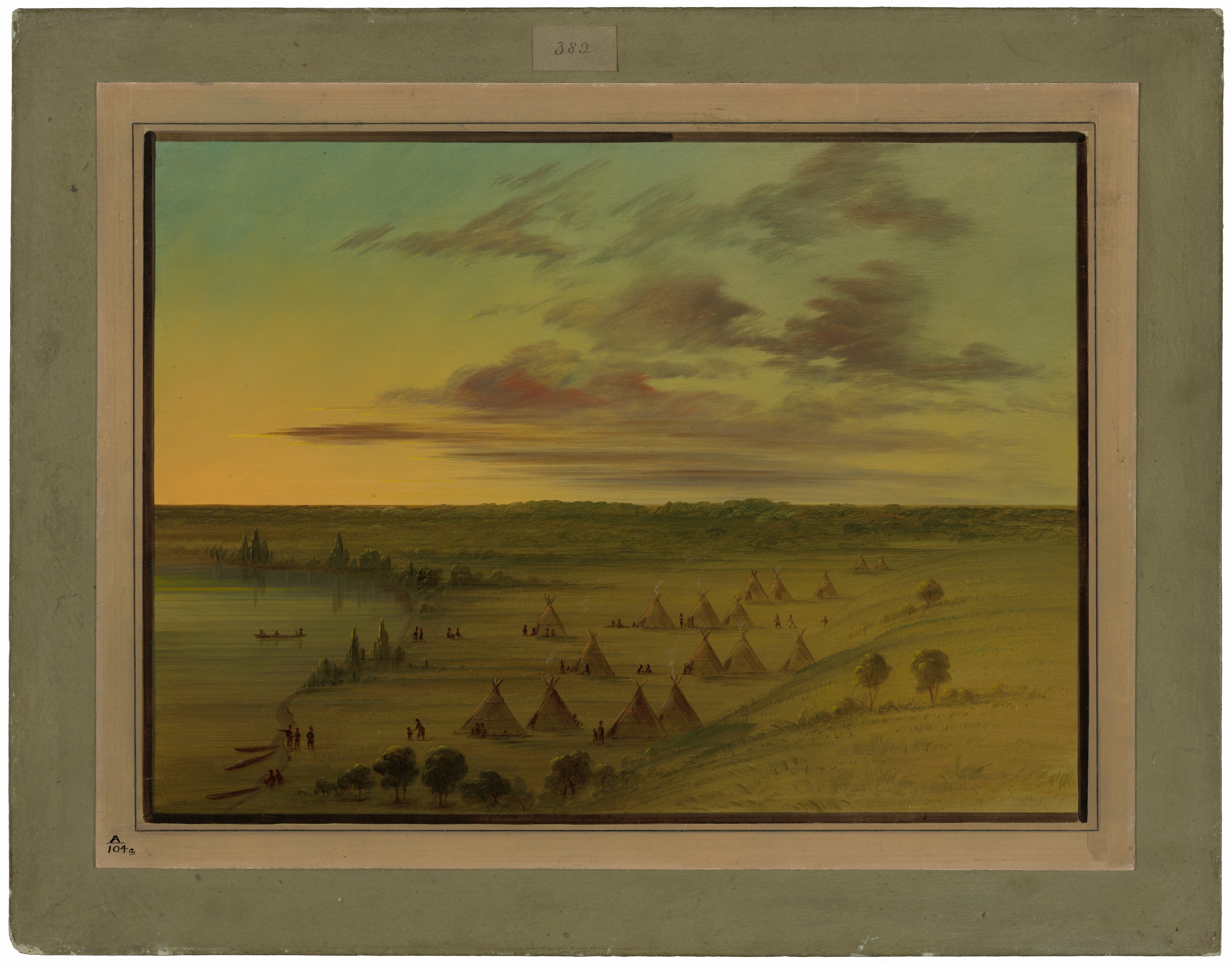The image shows a wide expanse of land with a line of trees, rolling hills, tipis, figures in canoes on a river or lake, and people gathered around the tipis. The brushstrokes are smooth and meticulous, capturing details in the landscape and structures. The color palette is warm and tranquil, with shades of light yellow, green, and brown dominating the land, transitioning into the orange and pink tones of the sky. The sky features a few wispy clouds.