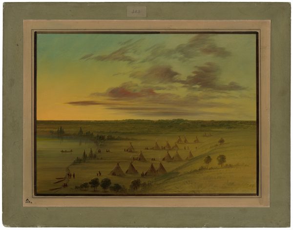 The image shows a wide expanse of land with a line of trees, rolling hills, tipis, figures in canoes on a river or lake, and people gathered around the tipis. The brushstrokes are smooth and meticulous, capturing details in the landscape and structures. The color palette is warm and tranquil, with shades of light yellow, green, and brown dominating the land, transitioning into the orange and pink tones of the sky. The sky features a few wispy clouds.