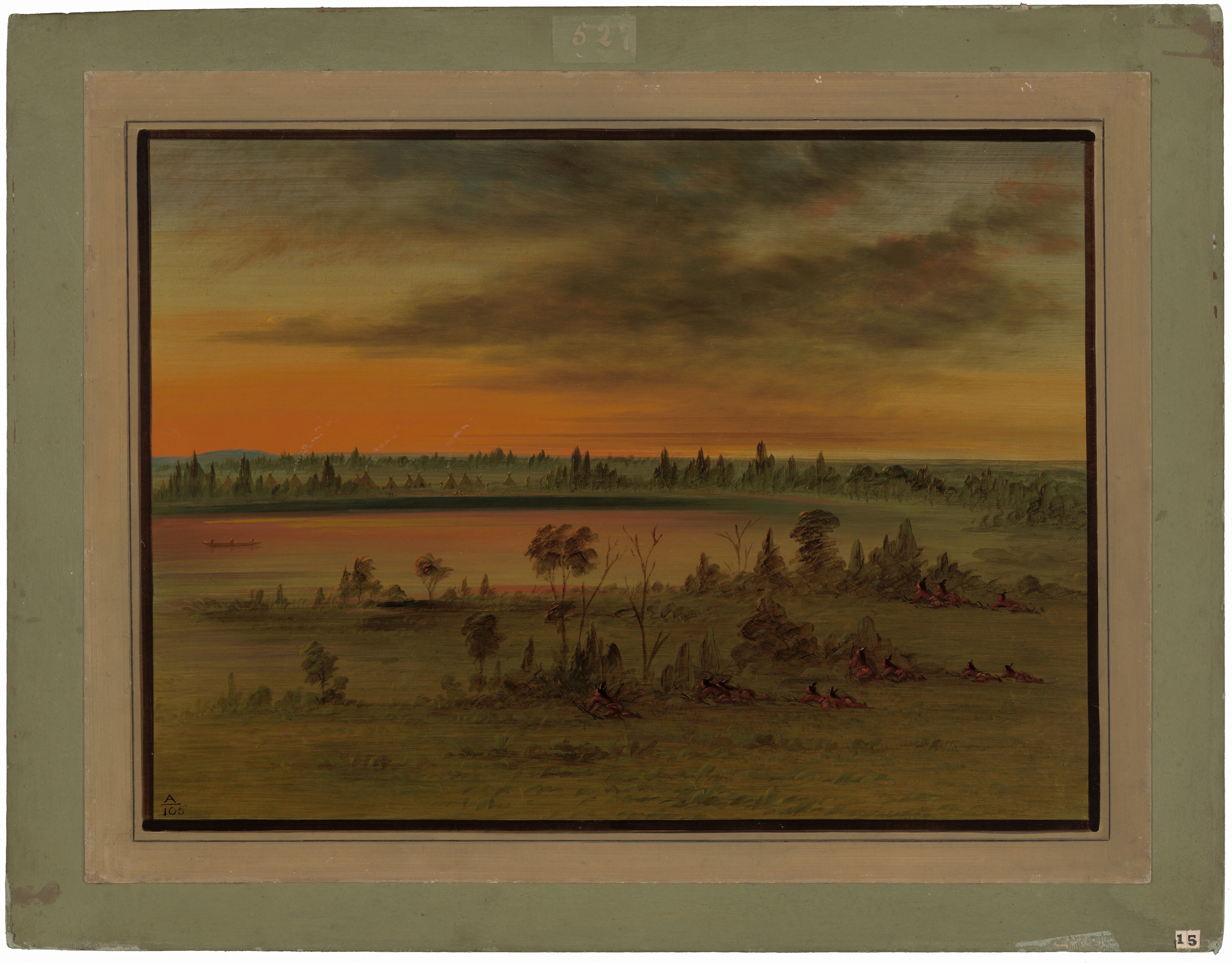 The image shows a landscape with a low horizon line, featuring trees and tent-like structures. The sky above transitions from warm oranges and yellows to darker clouds. The land has various green and brown hues, with small clusters of trees. In the distance, a body of water reflects the sky, and a canoe is visible. The overall color palette includes earthy tones in the land and vivid colors in the sky.