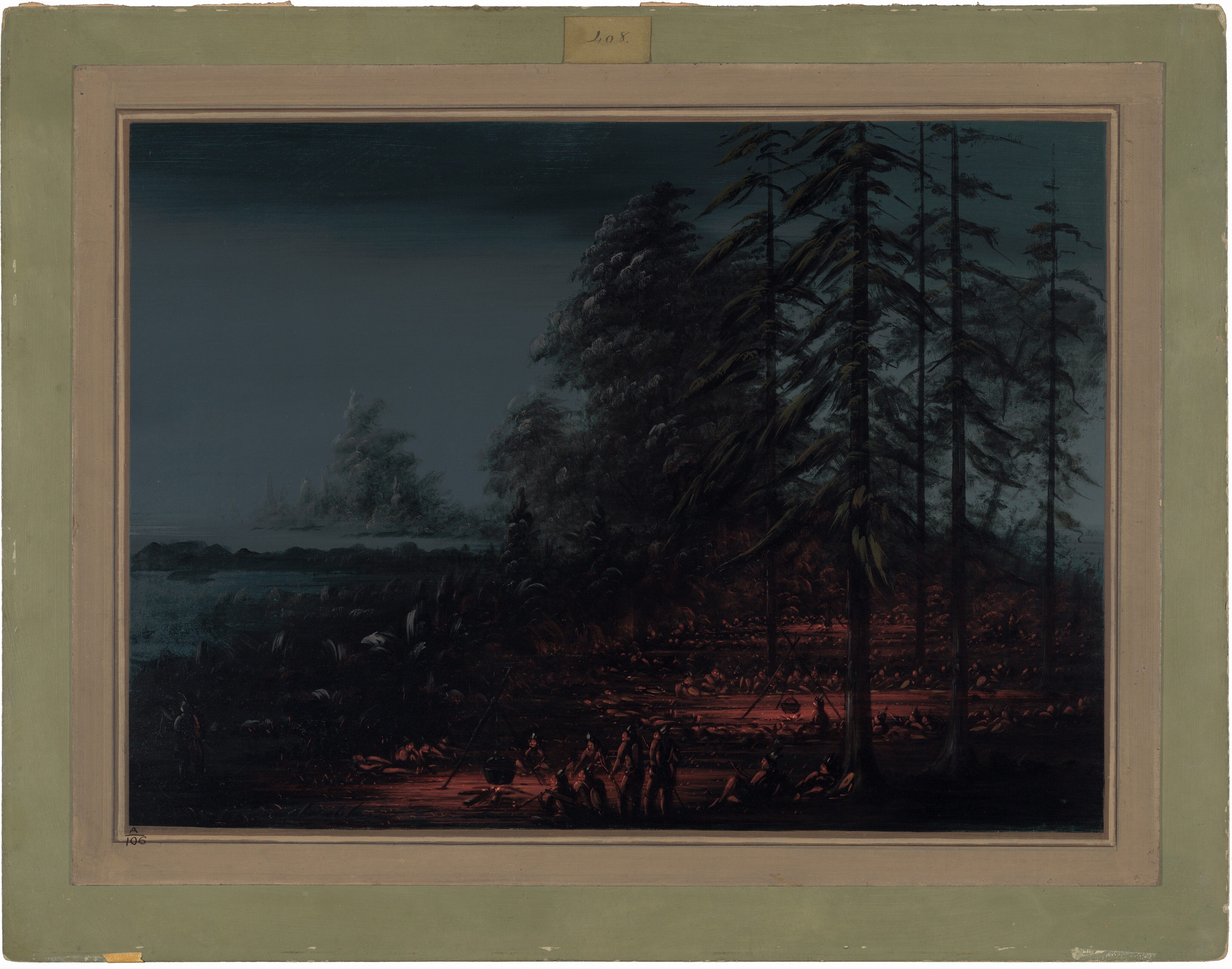 The image shows a forest scene from a slightly elevated viewpoint. The horizon is low in the composition, blocked by tall trees and dense foliage. To the left, a dark body of water can be seen. Fine brushstrokes capture intricate details of the trees and landscape with precision. The color palette is dark, with deep blues and greens, and a warm glow coming from a light source among the trees to the right. Figures are gathered around the light source, creating a focal point. The scene conveys a serene and mysterious forest setting, possibly at night or during twilight.