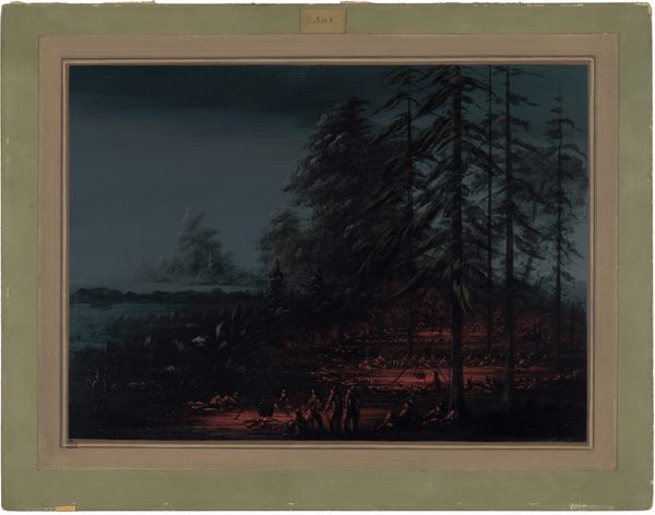 The image shows a forest scene from a slightly elevated viewpoint. The horizon is low in the composition, blocked by tall trees and dense foliage. To the left, a dark body of water can be seen. Fine brushstrokes capture intricate details of the trees and landscape with precision. The color palette is dark, with deep blues and greens, and a warm glow coming from a light source among the trees to the right. Figures are gathered around the light source, creating a focal point. The scene conveys a serene and mysterious forest setting, possibly at night or during twilight.