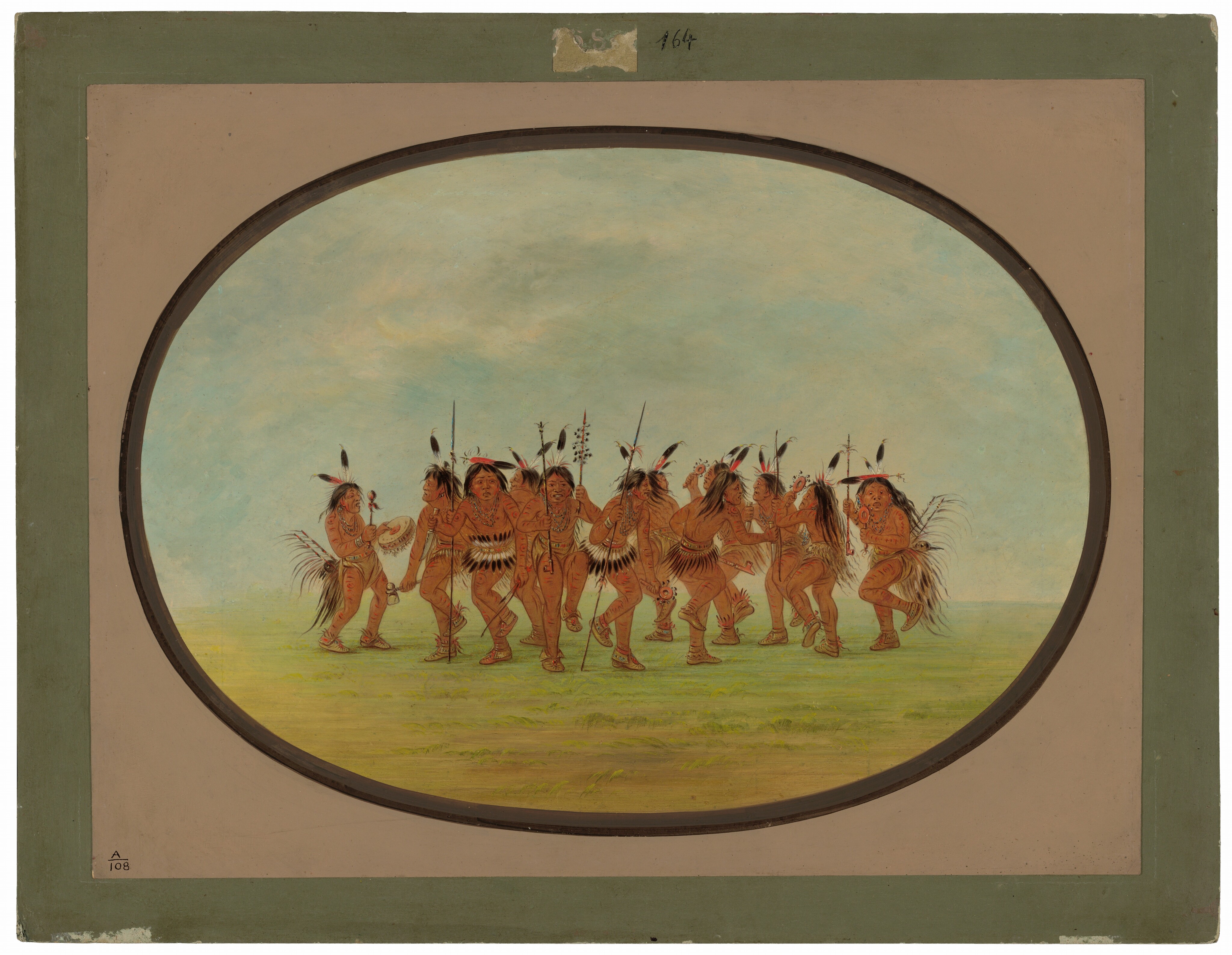 This is a painting of a group of Indigenous people engaged in a dance ritual. The figures are adorned in traditional attire, including feathers and body paint, and are arranged in a circular formation. Some figures hold objects resembling musical instruments or ceremonial items. The ground is covered with a light green grass texture, and the sky above is depicted in serene shades of blue with light clouds. The style is reminiscent of George Catlin, known for his paintings of Native American life. The artwork is encased in a painted oval border.