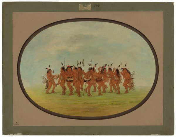 This is a painting of a group of Indigenous people engaged in a dance ritual. The figures are adorned in traditional attire, including feathers and body paint, and are arranged in a circular formation. Some figures hold objects resembling musical instruments or ceremonial items. The ground is covered with a light green grass texture, and the sky above is depicted in serene shades of blue with light clouds. The style is reminiscent of George Catlin, known for his paintings of Native American life. The artwork is encased in a painted oval border.