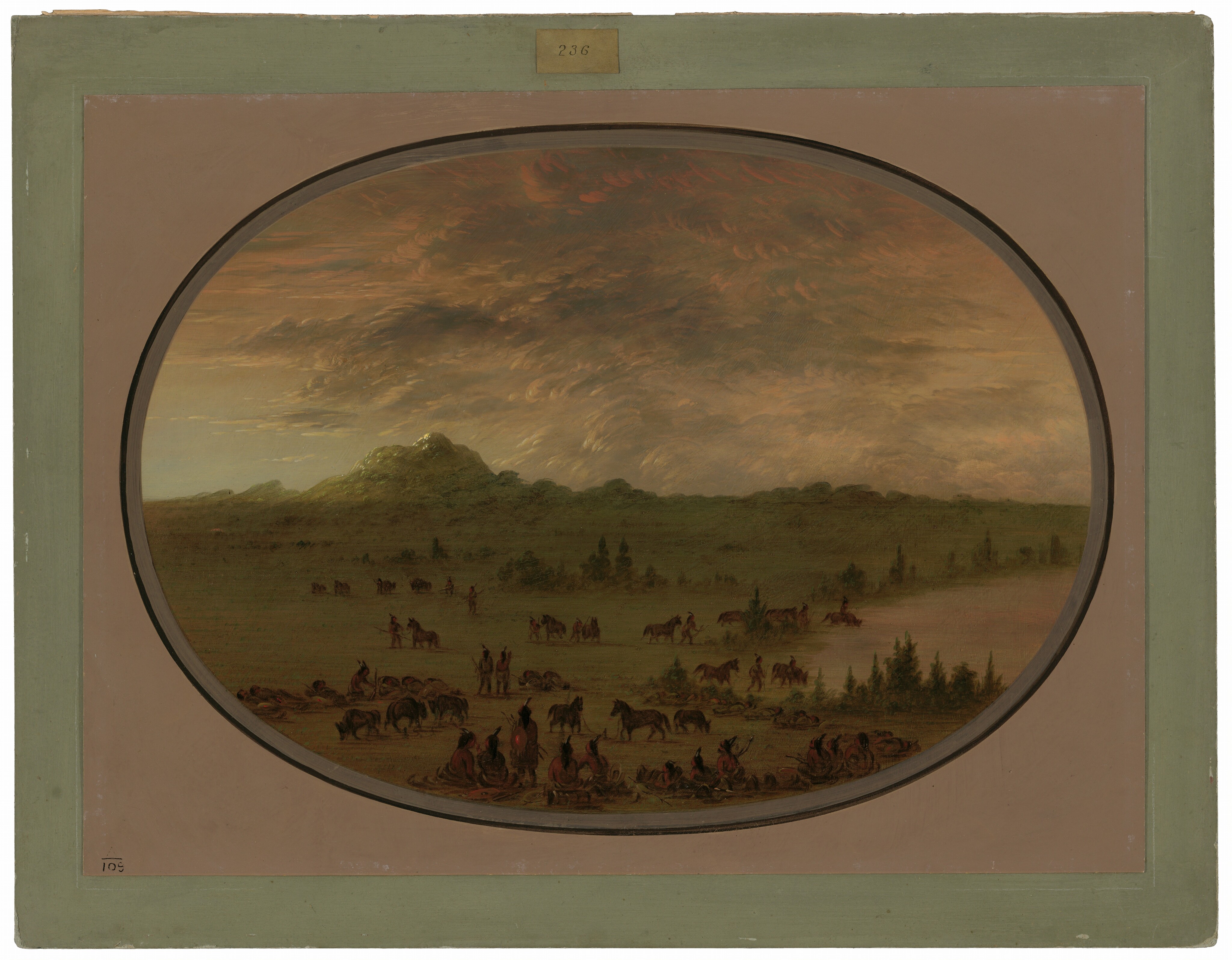 This painting depicts a wide, elevated view of a landscape with figures and animals in the foreground, leading toward a horizon with hills and trees. The sky above shows dynamic, swirling clouds. The brushstrokes are soft yet detailed, creating movement in the scene. The color palette includes warm earth tones like brown, green, and gold, giving the impression of evening or late afternoon. The figures and animals blend naturally with their surroundings.