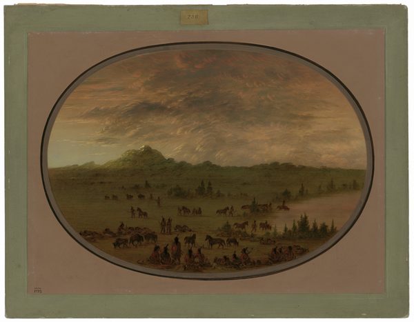This painting depicts a wide, elevated view of a landscape with figures and animals in the foreground, leading toward a horizon with hills and trees. The sky above shows dynamic, swirling clouds. The brushstrokes are soft yet detailed, creating movement in the scene. The color palette includes warm earth tones like brown, green, and gold, giving the impression of evening or late afternoon. The figures and animals blend naturally with their surroundings.