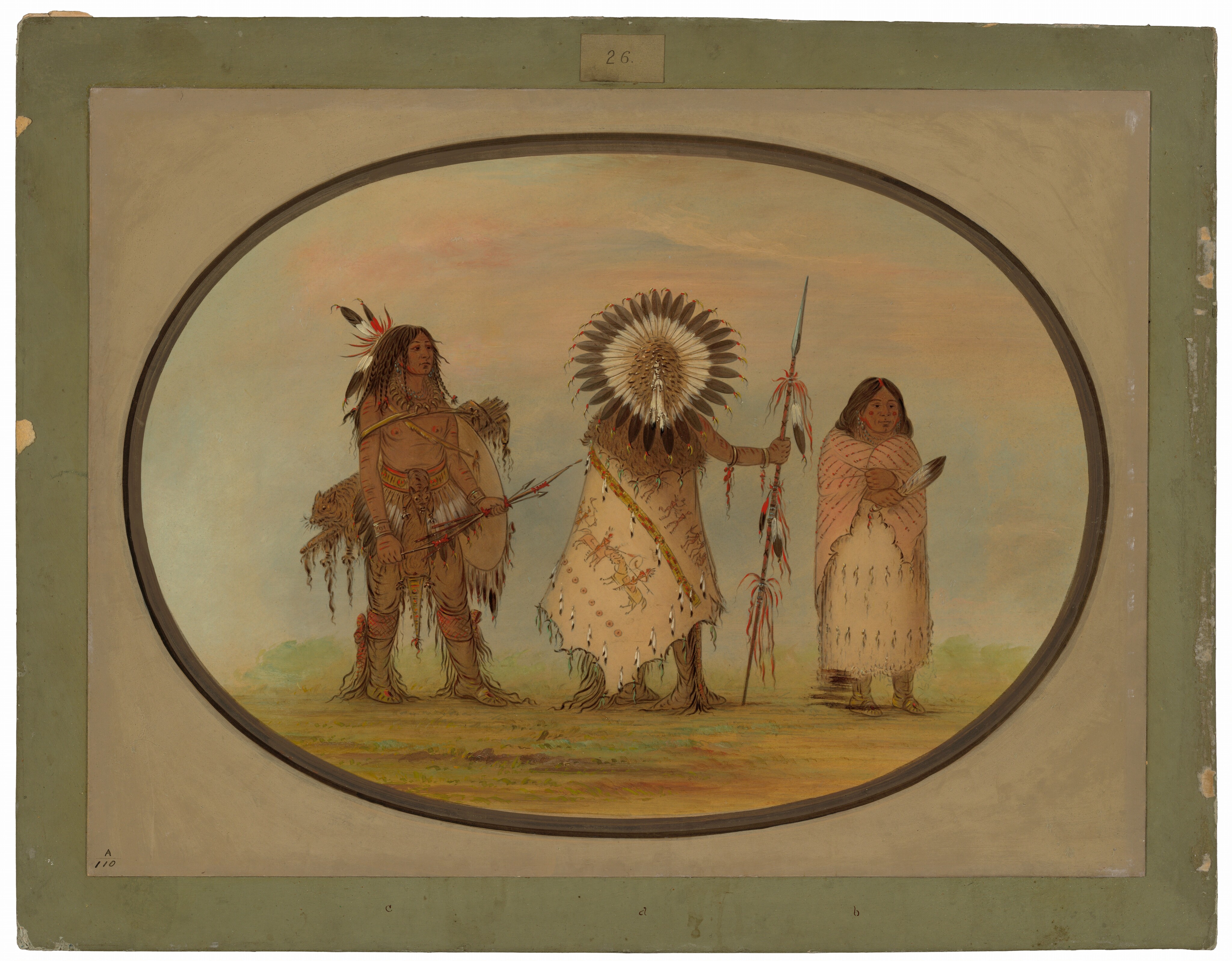 The image depicts three individuals in full-body view, standing side by side. The person on the left is leaning on their left leg, dressed in attire with fringes, long hair, a feathered headdress, holding a bow and shield. The central figure stands upright, wearing a feather headdress, a decorated garment with animal motifs, and holding a staff with feathers. The person on the right stands with folded arms, wearing a wrapped garment and holding a fan-like object. The background has soft, muted colors.