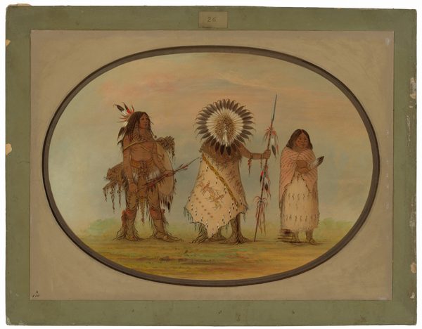 The image depicts three individuals in full-body view, standing side by side. The person on the left is leaning on their left leg, dressed in attire with fringes, long hair, a feathered headdress, holding a bow and shield. The central figure stands upright, wearing a feather headdress, a decorated garment with animal motifs, and holding a staff with feathers. The person on the right stands with folded arms, wearing a wrapped garment and holding a fan-like object. The background has soft, muted colors.