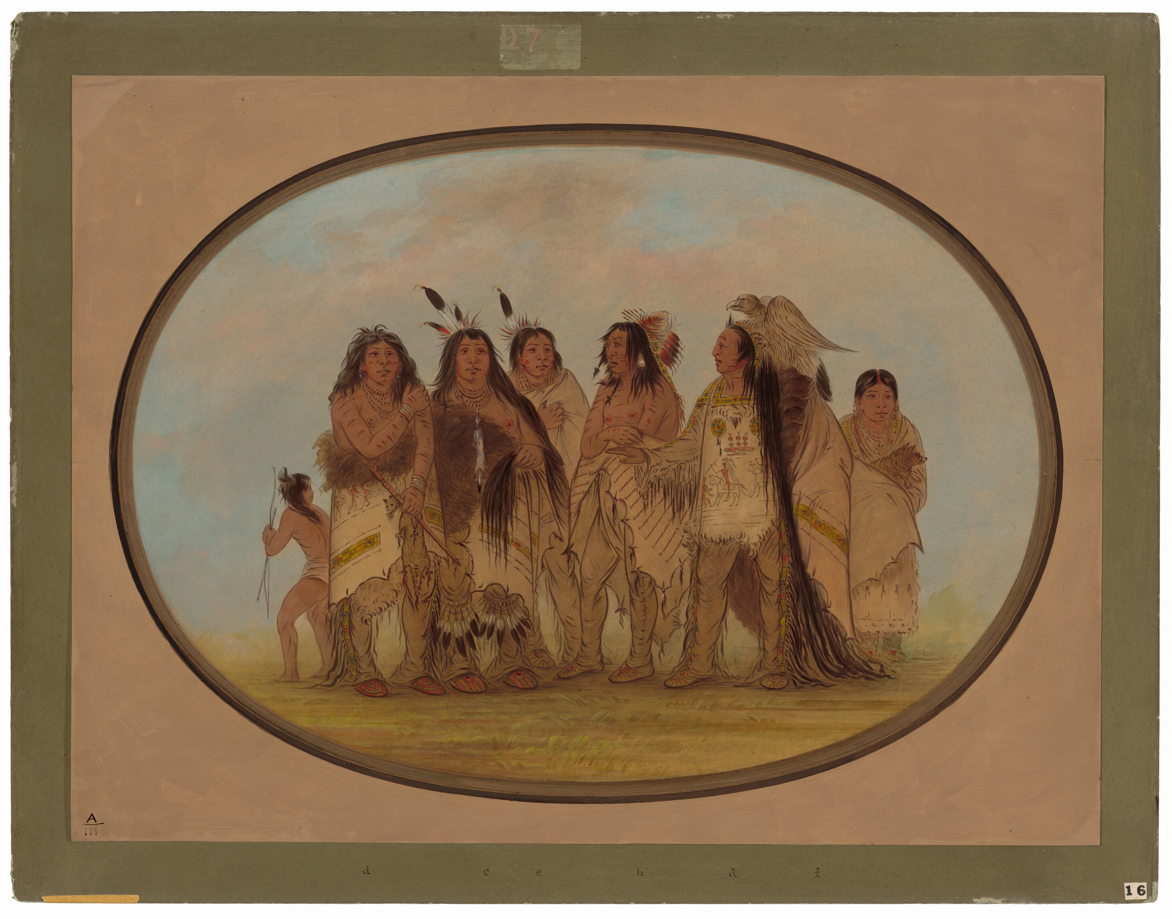 This painting shows a group of seven people standing closely. The people all have light brown skin and long black hair. On the far left appears to be a child with their back to us, holding a thin bow and arrow. On the far right is a slightly shorter figure than the other adults, perhaps a woman, holding a small dog or similar animal in her arms. The five people in the center are all of similar heights, and they all wear similar clothing with some slight differences. They are draped with tan fabric with uneven edges and some sections of brown fur over long tan pants. Their tan garments are adorned with colorful decorations that include geometric shapes and the outlines of people and animals. Some have feathers in their long hair or on their clothing, and some hold animal pelts. The skin on their faces, torsos, and arms is painted with red and black lines, and they are all adorned with jewelry, including several strands of necklaces, multiple earrings, and thick bracelets. The person second from the right is dressed in the most decorated clothing, which includes illustrations of people on horseback. They also have the longest hair, and a large bird that looks like an eagle is perched on their back behind their head. The ground is painted in soft lines of pale green and yellow, and the sky is light blue with pale gray and pink clouds. The painting is contained in a gray and black oval outline, beyond which is beige paper surrounded by a pale green border.