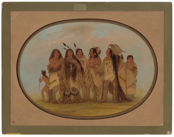 This painting shows a group of seven people standing closely. The people all have light brown skin and long black hair. On the far left appears to be a child with their back to us, holding a thin bow and arrow. On the far right is a slightly shorter figure than the other adults, perhaps a woman, holding a small dog or similar animal in her arms. The five people in the center are all of similar heights, and they all wear similar clothing with some slight differences. They are draped with tan fabric with uneven edges and some sections of brown fur over long tan pants. Their tan garments are adorned with colorful decorations that include geometric shapes and the outlines of people and animals. Some have feathers in their long hair or on their clothing, and some hold animal pelts. The skin on their faces, torsos, and arms is painted with red and black lines, and they are all adorned with jewelry, including several strands of necklaces, multiple earrings, and thick bracelets. The person second from the right is dressed in the most decorated clothing, which includes illustrations of people on horseback. They also have the longest hair, and a large bird that looks like an eagle is perched on their back behind their head. The ground is painted in soft lines of pale green and yellow, and the sky is light blue with pale gray and pink clouds. The painting is contained in a gray and black oval outline, beyond which is beige paper surrounded by a pale green border.