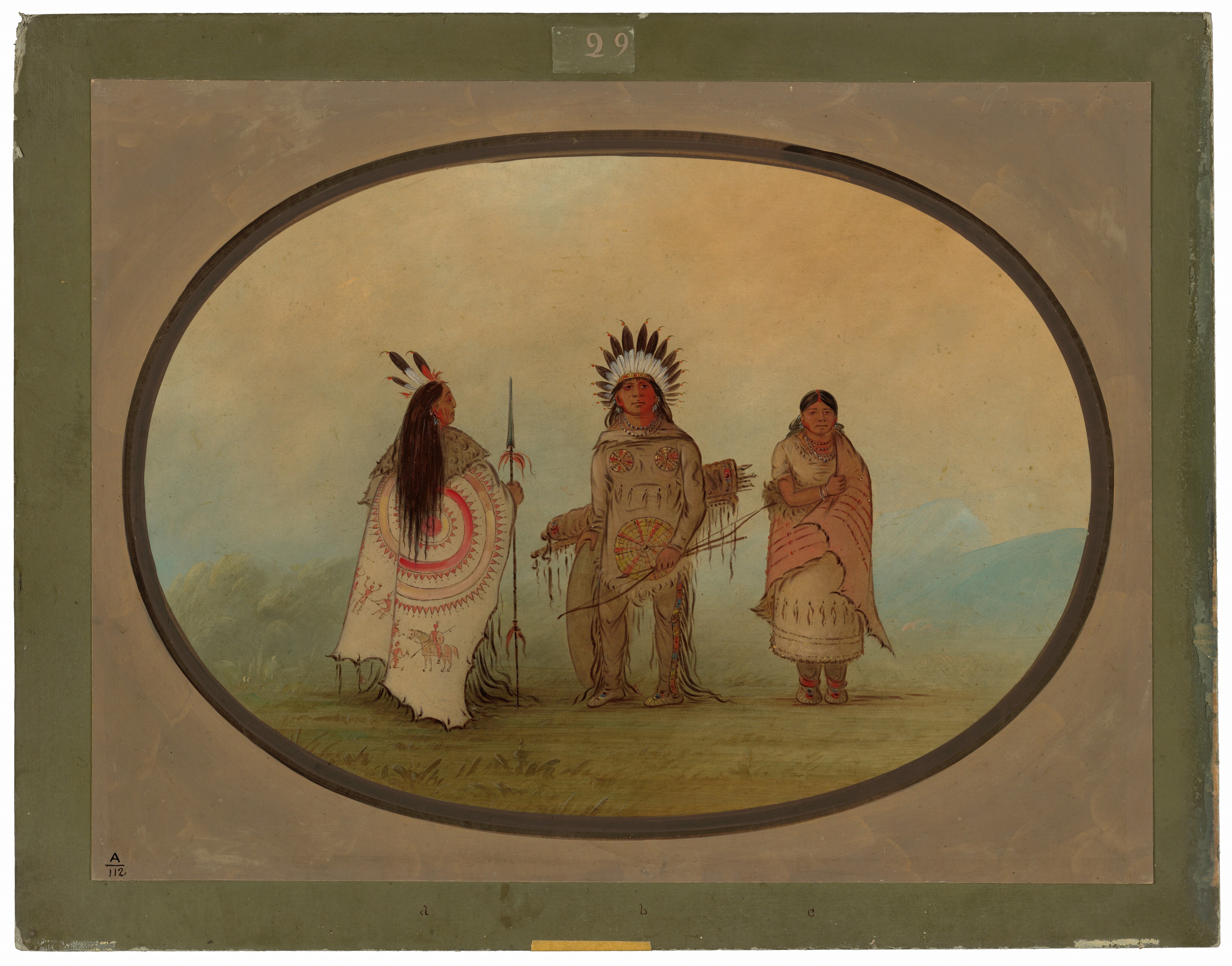 The image shows three individuals standing in a row. The person on the left holds a spear upright in their right hand, has long dark hair adorned with feathers, and wears a decorated garment. The central figure wears a headdress with feathers, a fringed tunic with circular decorations, and moccasins while holding a bow and arrows. The person on the right stands with their body slightly turned to the side, hands folded in front, dressed in a lengthy garment with a patterned shawl and their hair tied back. The background features a soft, cloudy sky with faint imagery of distant mountains and grassy ground. The painting is framed with an oval shape set within a larger green frame.