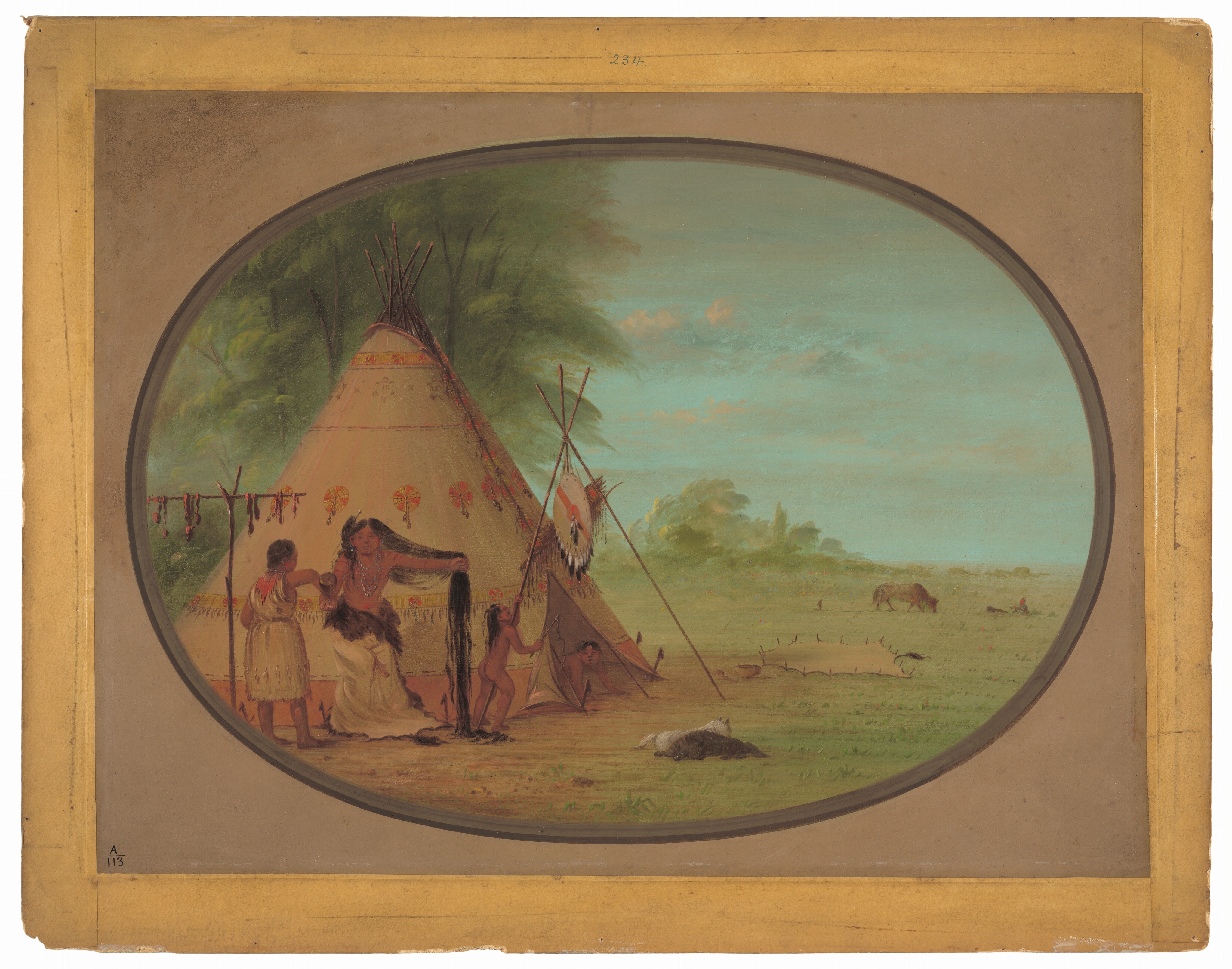 The image shows a tipi in a grassy field, with Native American figures nearby engaging in daily activities. The scene includes horses grazing in the background and a serene sky with wispy clouds. The color palette consists of earthy tones and gentle blues.