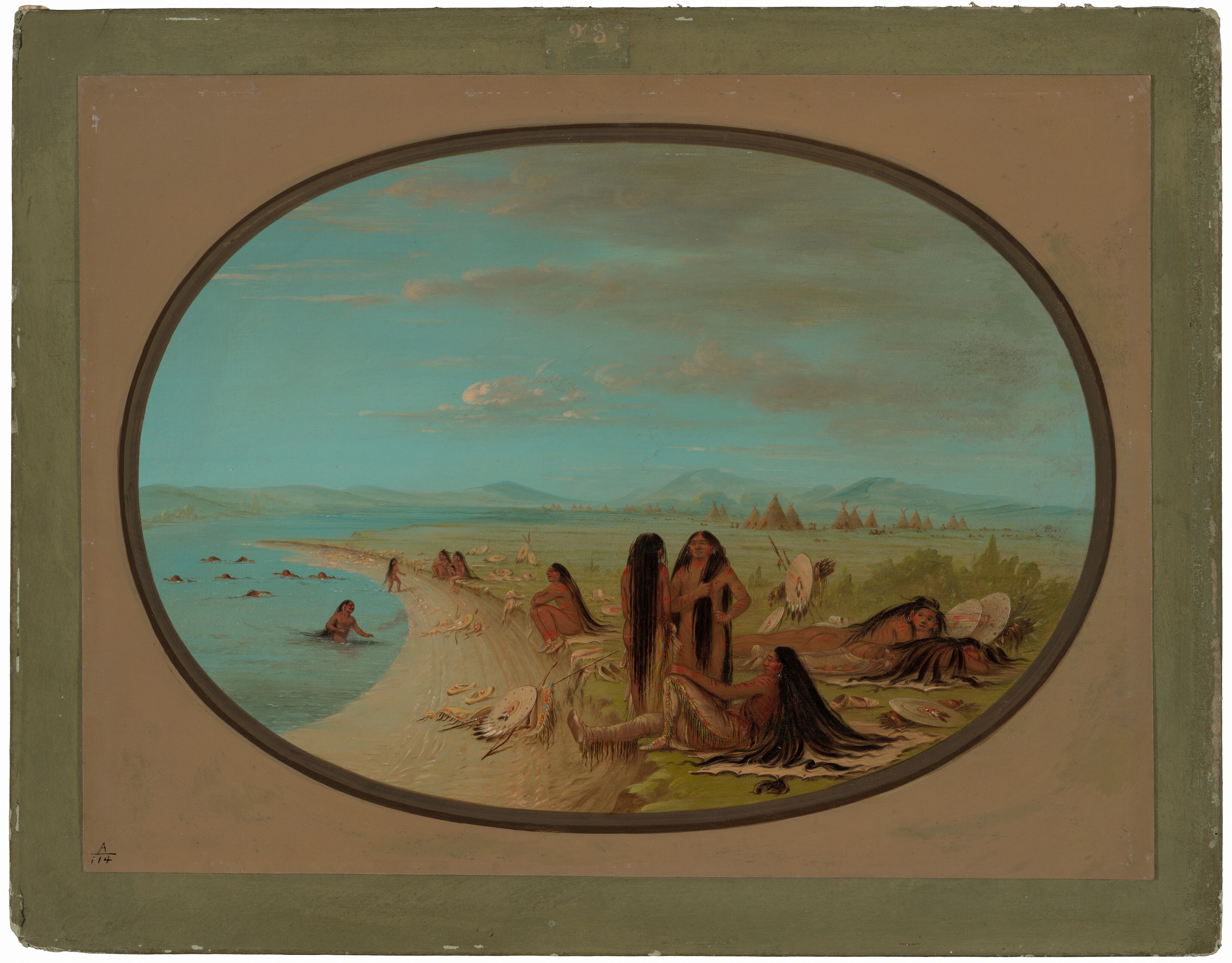 The image features a circular frame showing a beach scene. In the foreground, people are on the sandy shore near a serene lake. Some are sitting or reclining on the bank, while others are in the water. There is sparse greenery leading to teepees in the distance, and mountains and clouds are visible in the sky. The painting has smooth brushstrokes conveying tranquility, with a color palette dominated by earthy tones, greens, and blues.