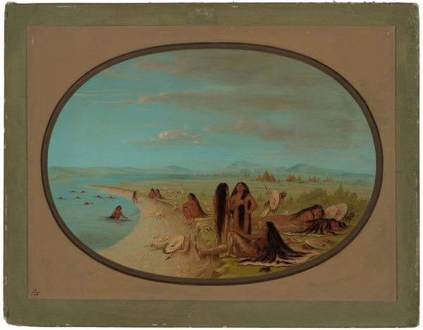 The image features a circular frame showing a beach scene. In the foreground, people are on the sandy shore near a serene lake. Some are sitting or reclining on the bank, while others are in the water. There is sparse greenery leading to teepees in the distance, and mountains and clouds are visible in the sky. The painting has smooth brushstrokes conveying tranquility, with a color palette dominated by earthy tones, greens, and blues.