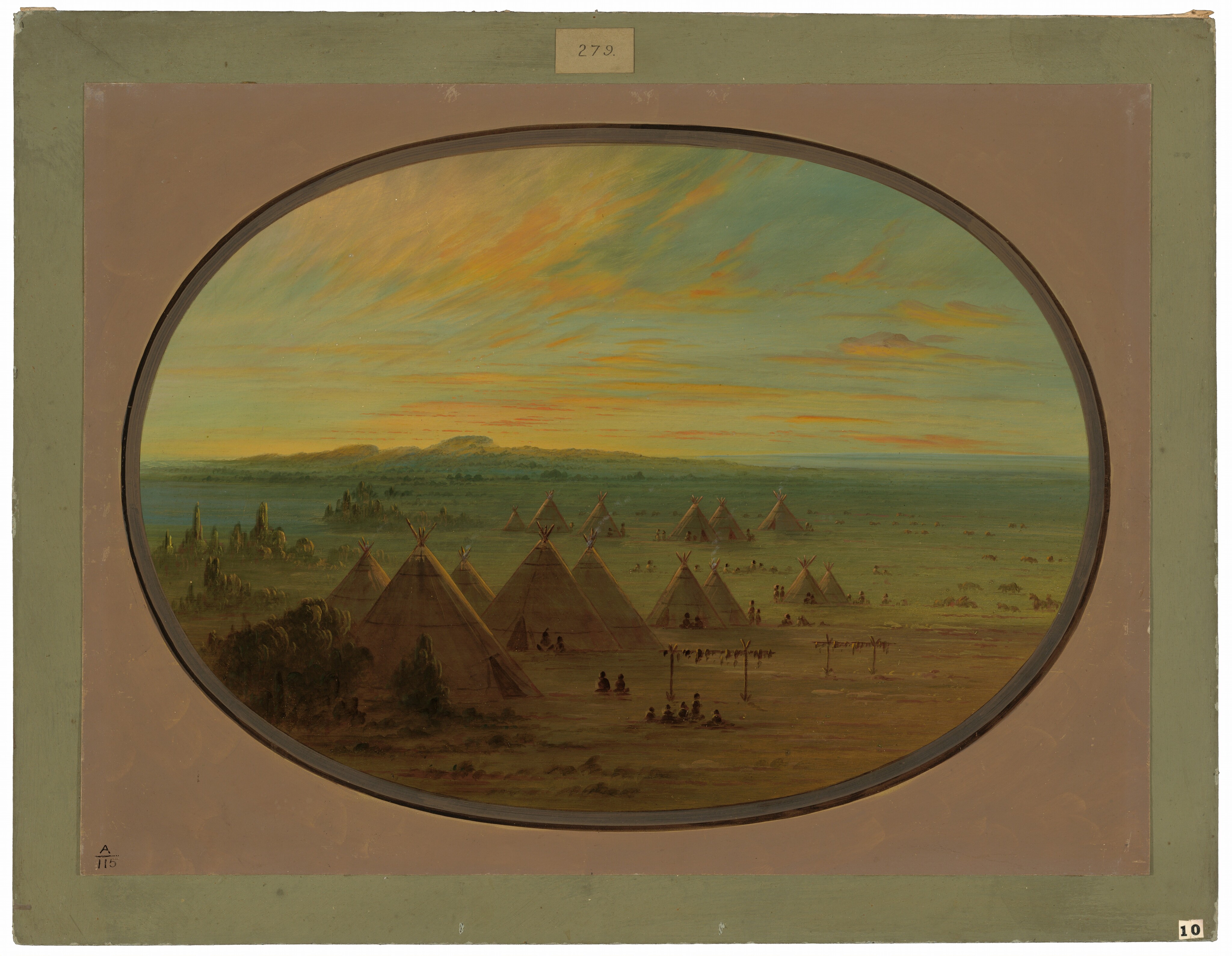 The image shows a village of teepees spread out on a plain. In the foreground, a cluster of large teepees is surrounded by people engaged in various activities. More tents are scattered across the landscape. In the background, hills are visible before the horizon, and the sky displays a blend of sunset colors transitioning into cooler tones.
