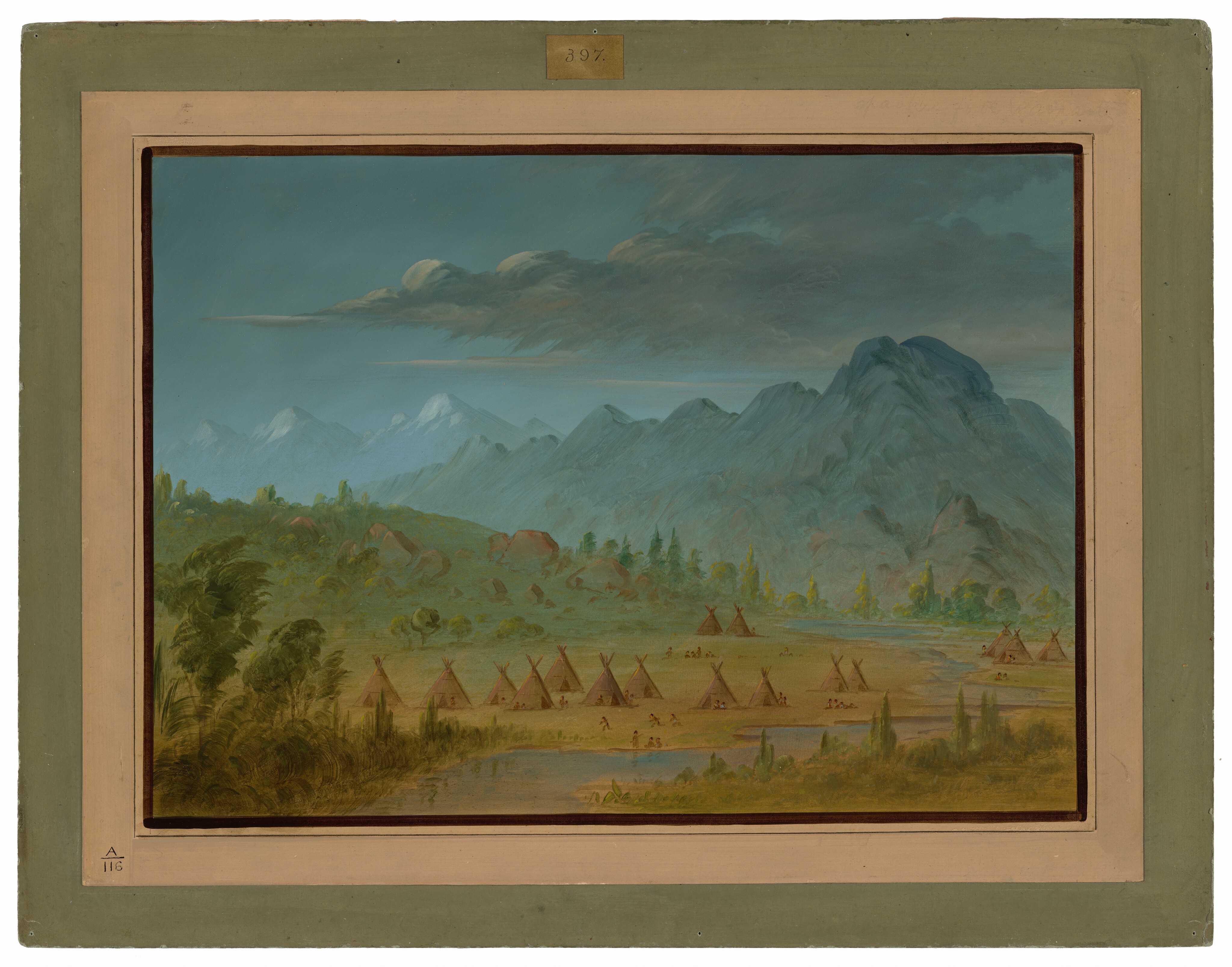 The image shows a landscape with a settlement surrounded by lush greenery and mountains in the distance. The mountains are partly covered by clouds. The painting technique is smooth and gentle, giving the scene a serene atmosphere. The color palette consists mainly of greens, browns, and blues. A row of traditional structures and small figures can be seen close to the viewer, while dense foliage transitions into hills and leads to the mountains in the background.