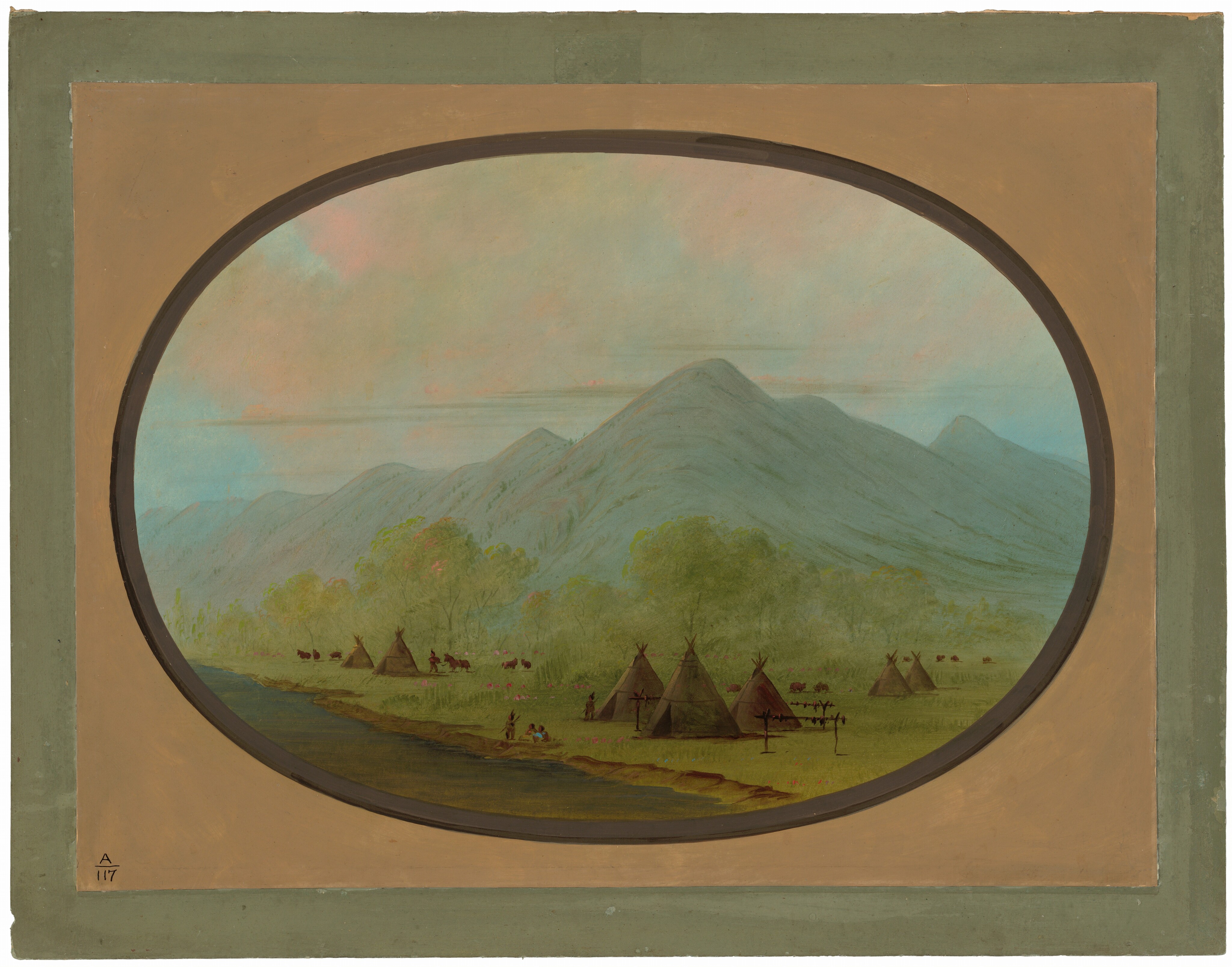 The image shows a landscape with blue-green mountains, a riverbank with a path, teepee structures in a grassland, and small human figures. The sky has pastel blue and pink tones, and the color palette is dominated by greens, blues, and earth tones. The brushstrokes are smooth and deliberate.