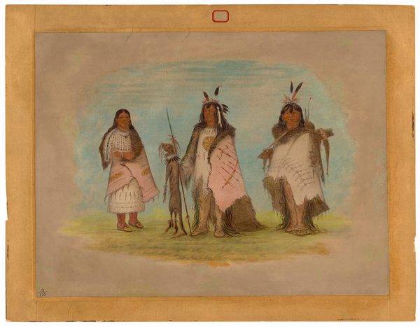 The image shows three individuals standing on a grassy terrain. The person on the left has dark hair and wears a pink garment with white and green details, arms crossed. In the center, an individual holds a long pole, wearing a detailed outfit with a circular pattern on the chest and feathered headwear. The person on the right holds a bow, also wearing feathered headwear and a decorated garment. The background depicts a simple illustration of sky and grass in beige, blue, and green hues.