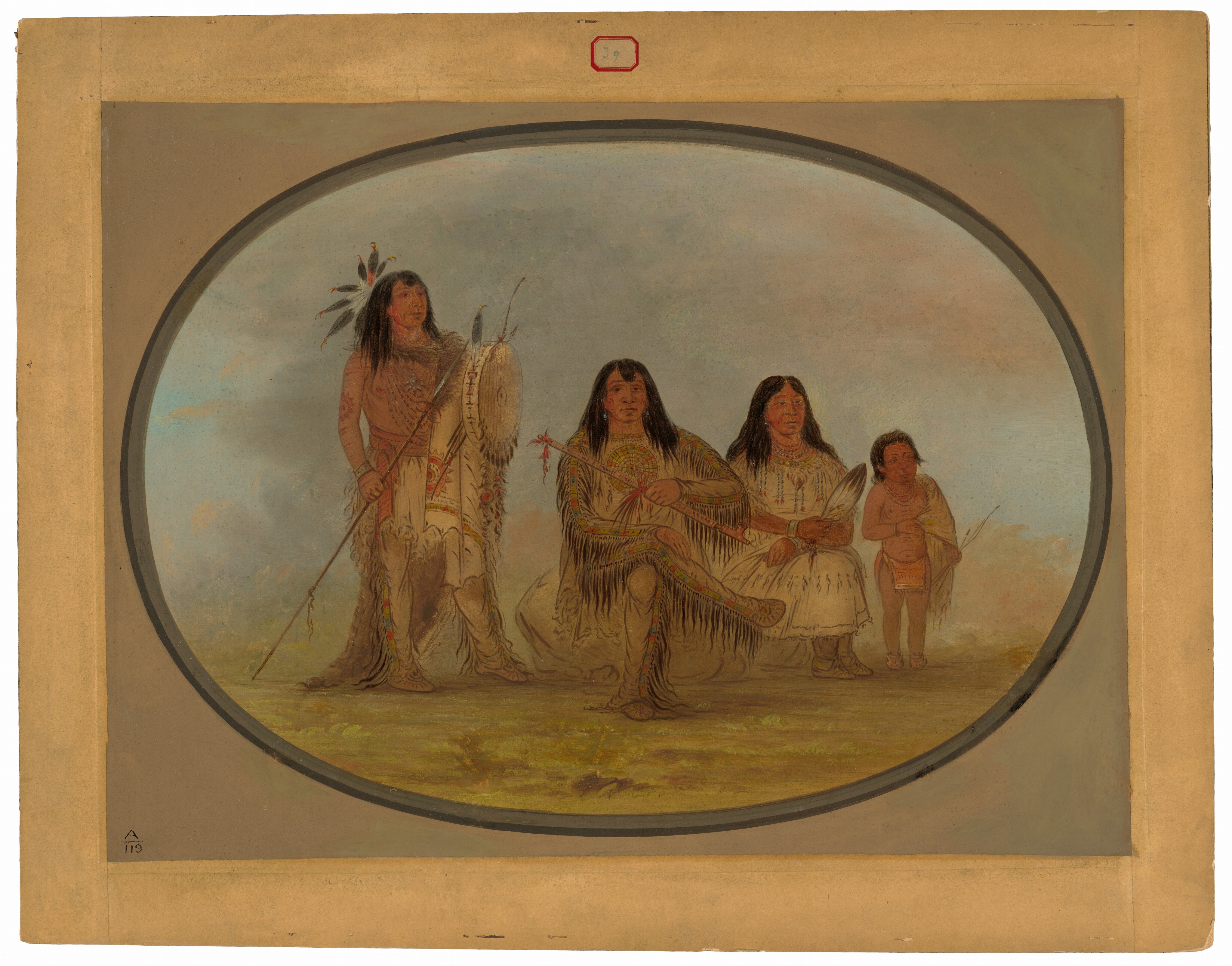 The image shows four individuals in traditional clothing and accessories. Two adults are seated in the center, one adult is standing to the left holding a spear and shield, and one child is standing to the right holding a bow and quiver. The setting includes an open landscape and clouds in the background. The image is framed within an oval on a beige border.