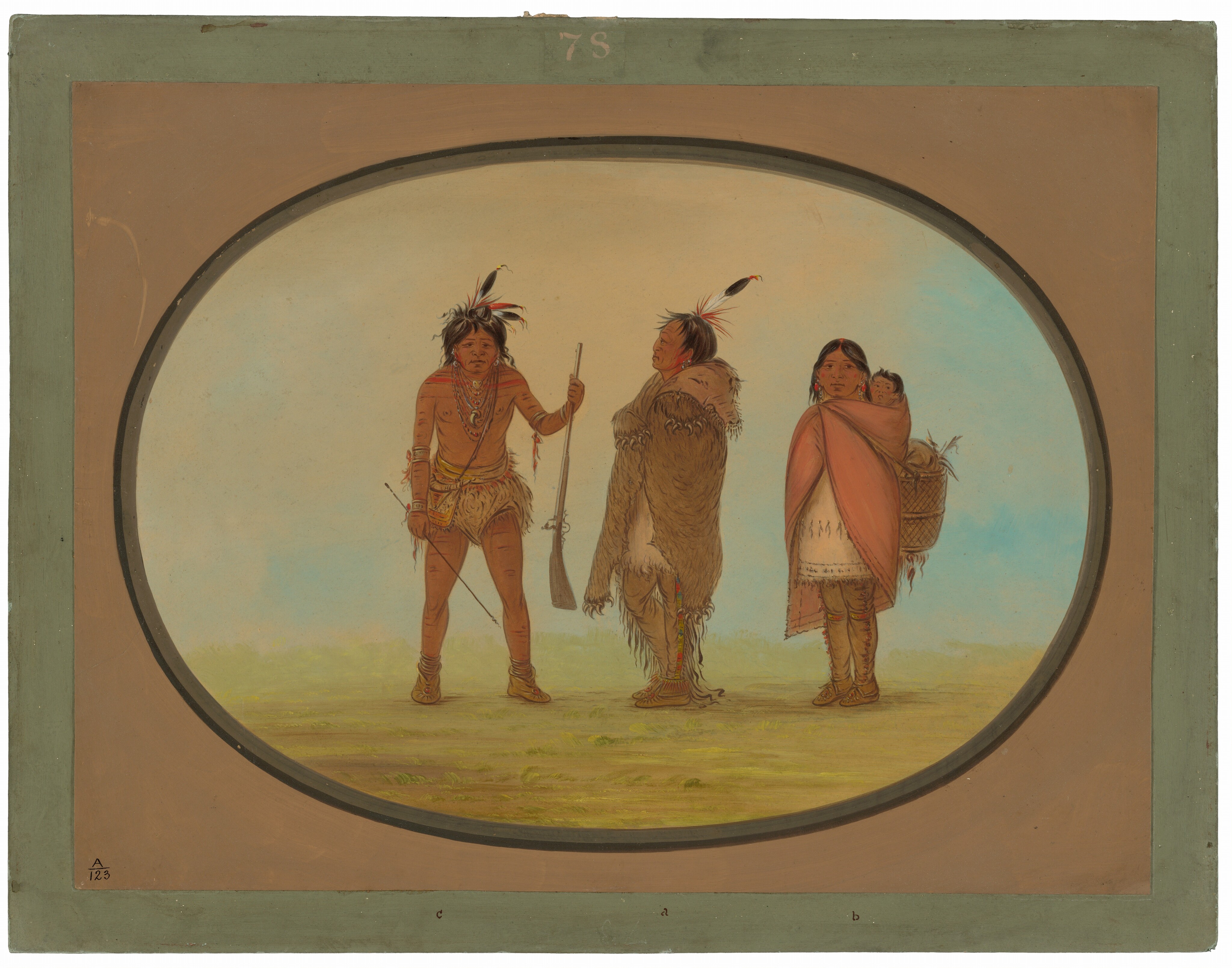 There are three figures depicted in the image. The figure on the left is a male standing upright, holding a rifle with one hand. His facial features show prominent cheekbones and a slightly open mouth. He wears a headdress with feathers, dark hair, a necklace, arm bands, and a fringed garment around his waist. The middle figure, with their back to the viewer, is wrapped in a fur clothing piece and appears to wear a feathered headdress. The figure on the right is a female with long dark hair, wearing a pink shawl over a light dress with patterns. She carries an infant on her back in a woven basket. The background shows a simple landscape with grassy terrain, a light blue sky with clouds, enclosed in an oval frame bordered further.