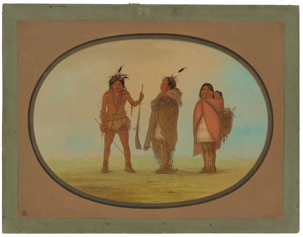 There are three figures depicted in the image. The figure on the left is a male standing upright, holding a rifle with one hand. His facial features show prominent cheekbones and a slightly open mouth. He wears a headdress with feathers, dark hair, a necklace, arm bands, and a fringed garment around his waist. The middle figure, with their back to the viewer, is wrapped in a fur clothing piece and appears to wear a feathered headdress. The figure on the right is a female with long dark hair, wearing a pink shawl over a light dress with patterns. She carries an infant on her back in a woven basket. The background shows a simple landscape with grassy terrain, a light blue sky with clouds, enclosed in an oval frame bordered further.