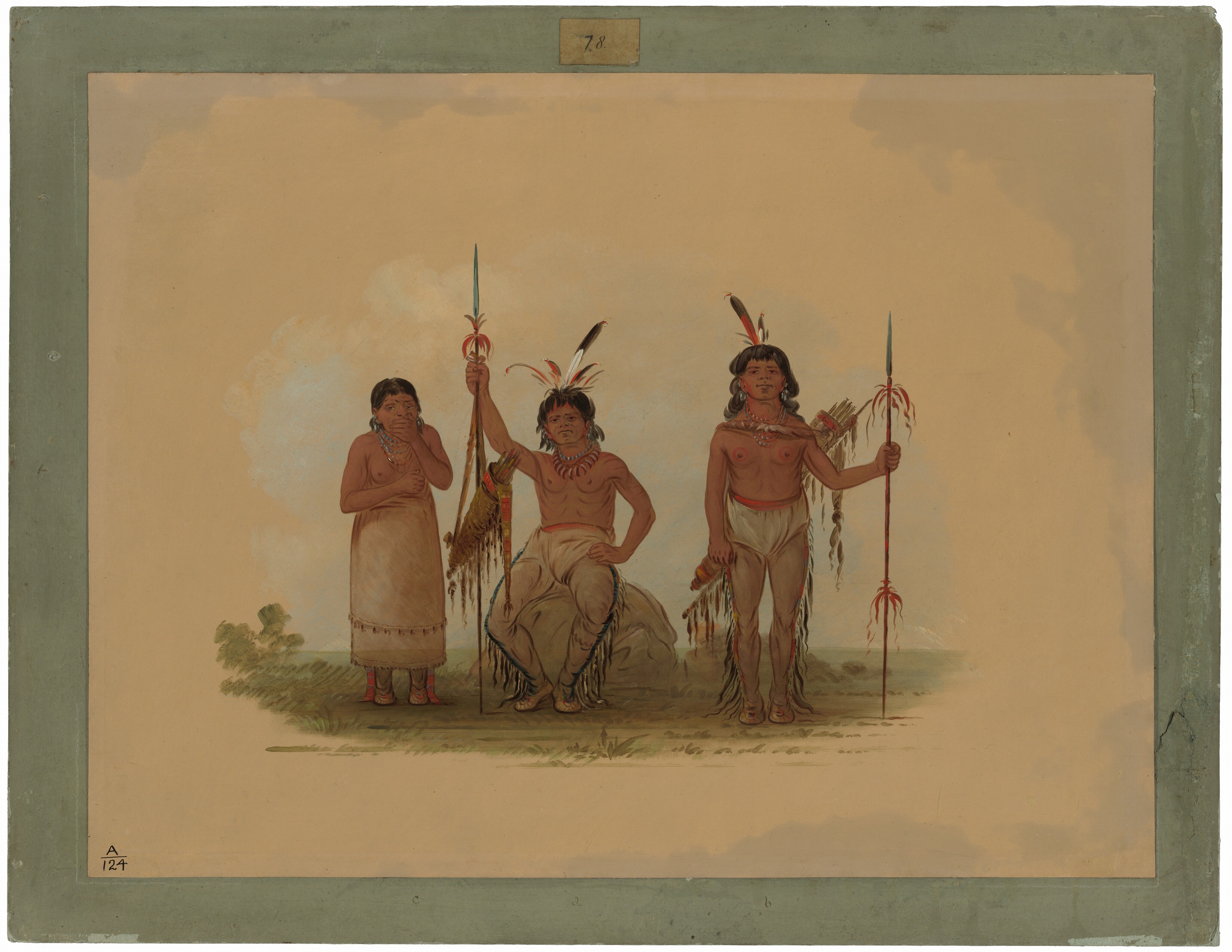 The image shows three individuals depicted from head to toe. The person on the left is standing upright with their arms crossed in front of their chest and their head slightly bowed. They have long dark hair tied back and wear a knee-length garment. The central figure is seated on what appears to be a rock, holding a spear vertically in their right hand. Their face is partially obscured, and they also have long dark hair. The person on the right stands upright, holding a spear in their right hand, with long dark hair adorned with feathers. This individual wears a garment covering the waist and thighs, and their torso is bare. The background is plain with subtle earthy tones and softly brushed vegetation around the feet of the figures.