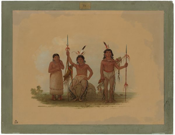 The image shows three individuals depicted from head to toe. The person on the left is standing upright with their arms crossed in front of their chest and their head slightly bowed. They have long dark hair tied back and wear a knee-length garment. The central figure is seated on what appears to be a rock, holding a spear vertically in their right hand. Their face is partially obscured, and they also have long dark hair. The person on the right stands upright, holding a spear in their right hand, with long dark hair adorned with feathers. This individual wears a garment covering the waist and thighs, and their torso is bare. The background is plain with subtle earthy tones and softly brushed vegetation around the feet of the figures.