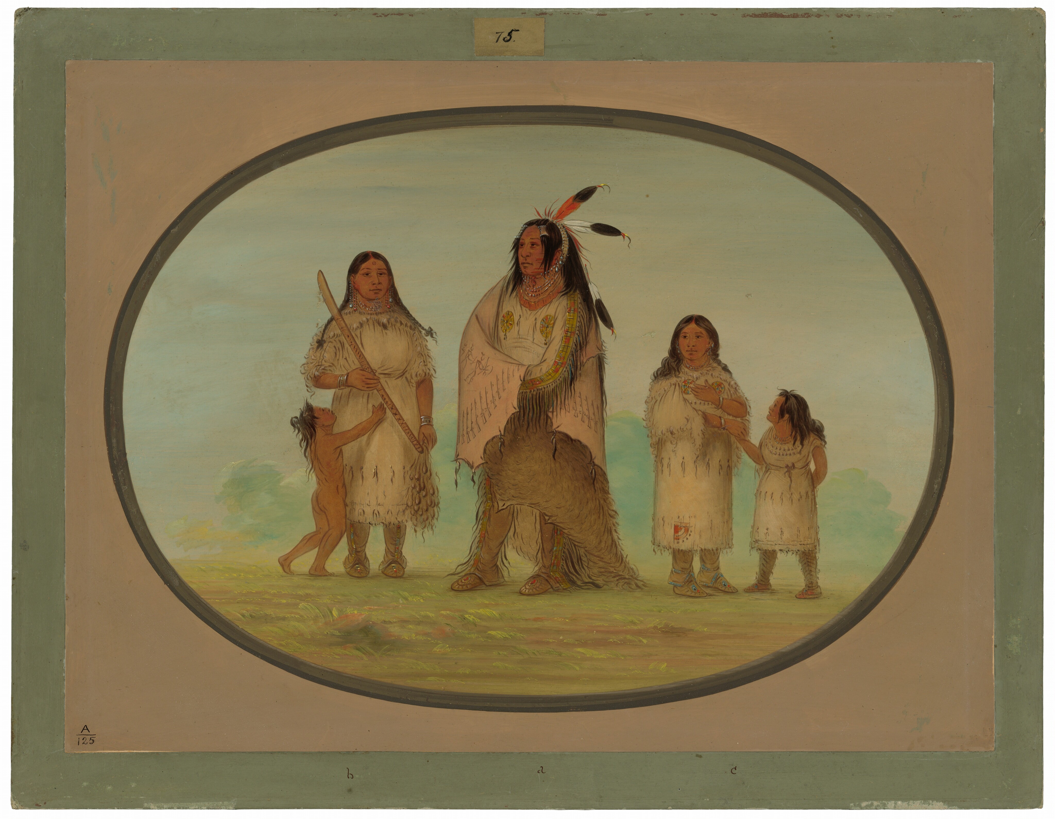 The image depicts four individuals. The adult male is standing at the center, wearing traditional clothing with feathers in his long black hair. He holds a fur piece. On his left, an adult female stands holding a child's hand. The child wears minimal clothing. On the right side of the male, two young individuals stand facing each other. They wear tunics with fringes. The background shows a light blue sky, green foliage, and brown ground. The scene is painted in an oval frame on a neutral-toned surface.