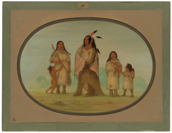 The image depicts four individuals. The adult male is standing at the center, wearing traditional clothing with feathers in his long black hair. He holds a fur piece. On his left, an adult female stands holding a child's hand. The child wears minimal clothing. On the right side of the male, two young individuals stand facing each other. They wear tunics with fringes. The background shows a light blue sky, green foliage, and brown ground. The scene is painted in an oval frame on a neutral-toned surface.