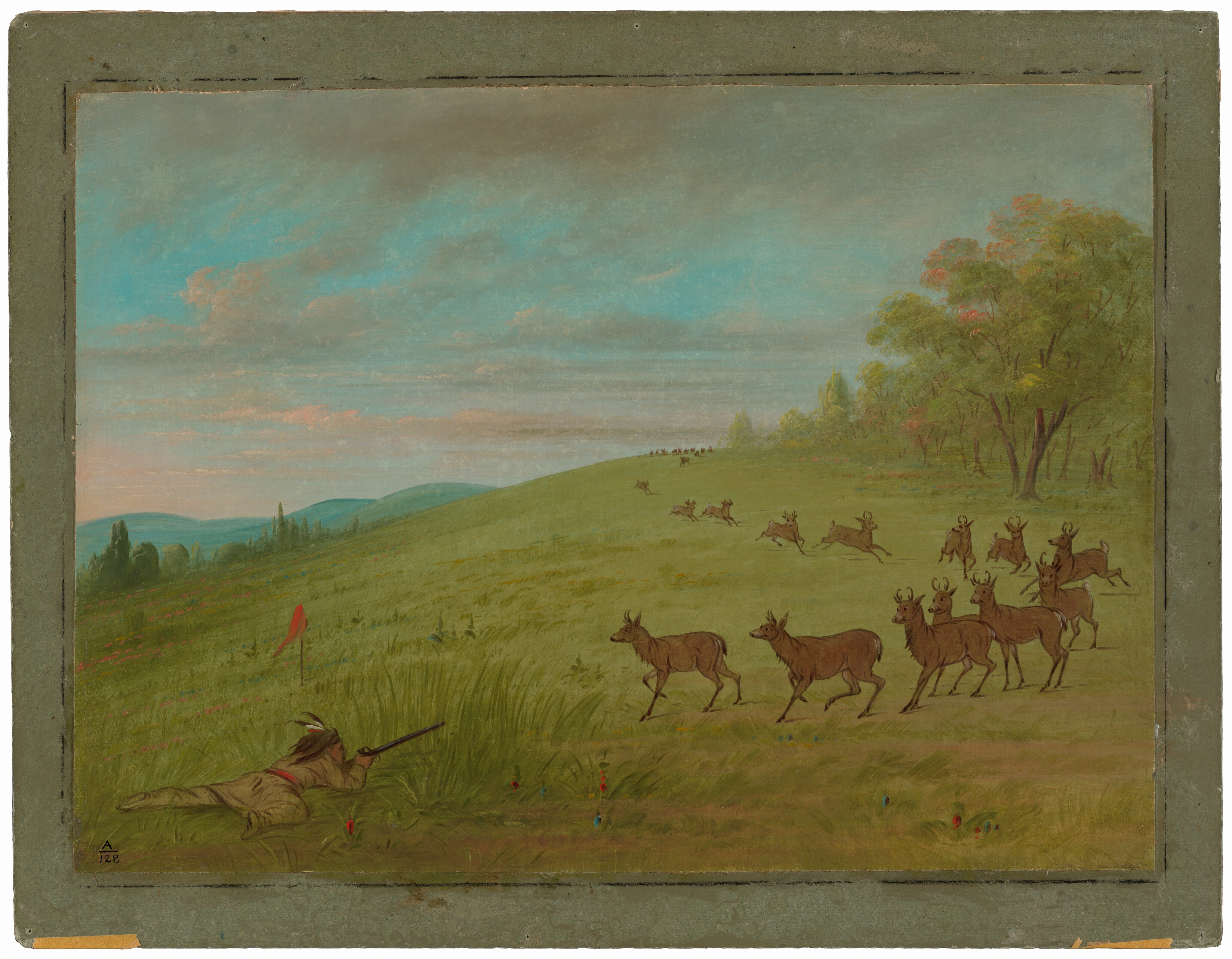 The painting depicts a landscape with a grassy terrain and a sky filled with soft brushstrokes blending hues of blue and grey. An individual is shown aiming a rifle at a herd of deer, with the deer appearing poised to flee. In the background, there are trees with foliage in various shades of green and subtle red highlights. The color palette consists of harmonious tones of greens, browns, blues, and greys.