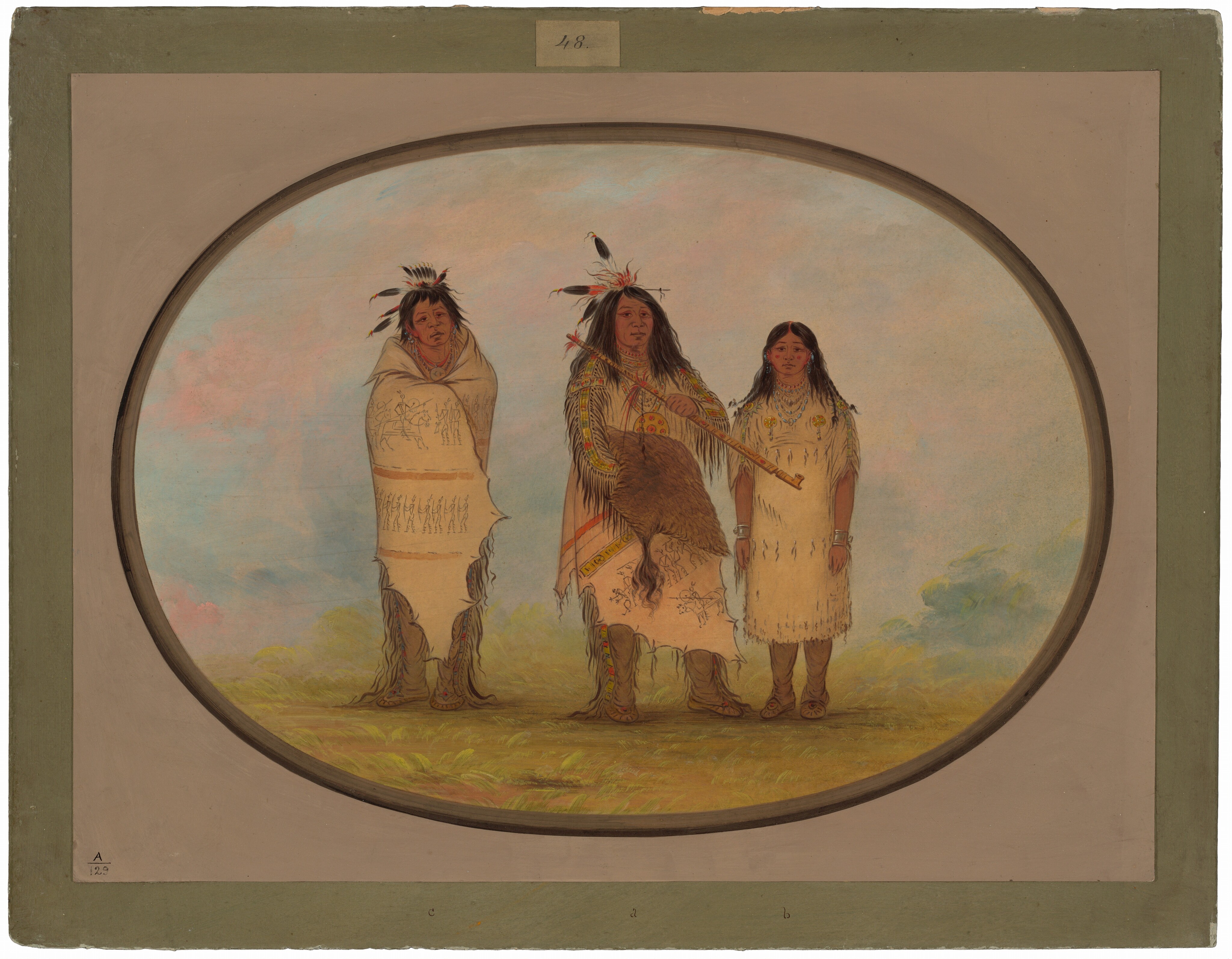 The image shows three individuals standing side by side on a grassy landscape. The central figure is holding a stick and wearing a garment with intricate patterns. They have long hair with feathers, a prominent nose, and full lips. The person on the left is wrapped in a patterned robe and has feathers in their hair. The individual on the right wears a fringed dress with circular patterns, long flowing hair, and a steady gaze. All three wear wrist bands or bracelets. The background has soft pastel hues depicting a sky and earthy tones for the surroundings.
